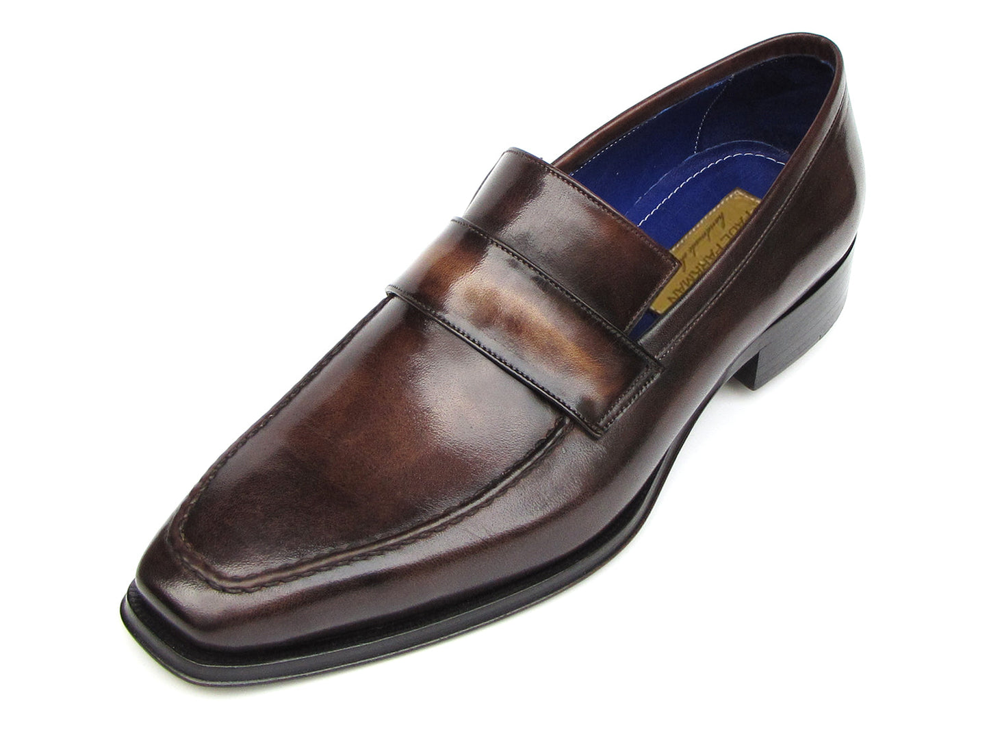 Paul Parkman Loafer Bronze Hand Painted Shoes - 012-BRNZ: men's brown leather loafers with penny strap, blue inner lining, and hand-painted finish, displayed from top and side views. Brand: Paul Parkman.