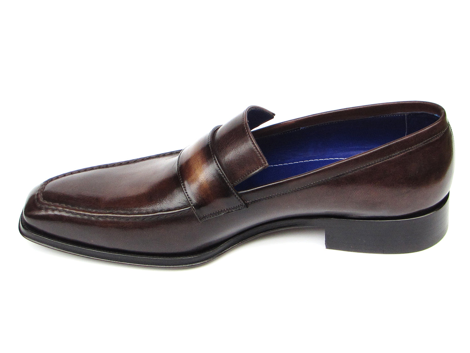 Paul Parkman Loafer Bronze Hand Painted Shoes - 012-BRNZ: men's brown leather loafers with penny strap, blue inner lining, and hand-painted finish, displayed from top and side views. Brand: Paul Parkman.