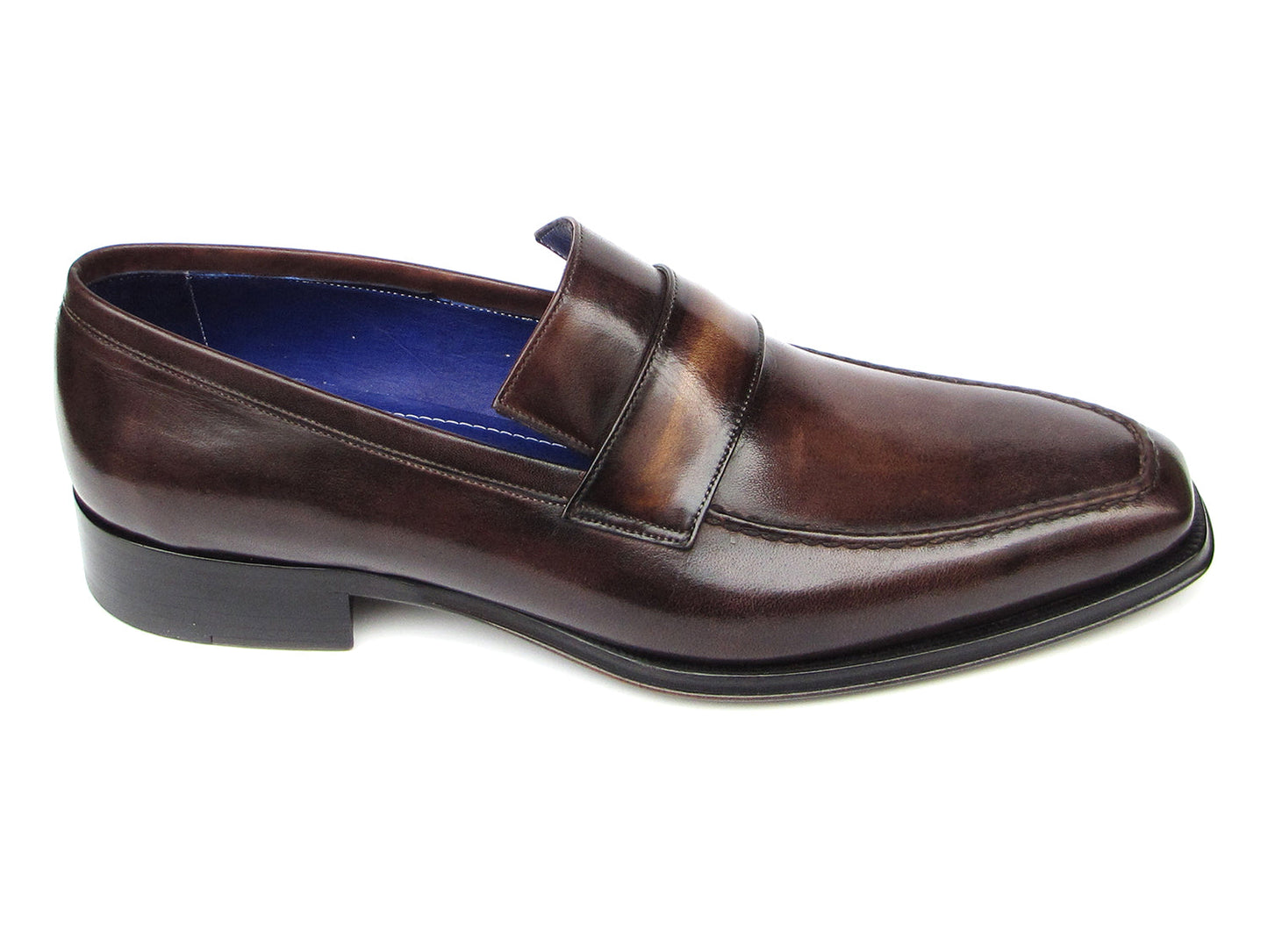 Paul Parkman Loafer Bronze Hand Painted Shoes - 012-BRNZ: men's brown leather loafers with penny strap, blue inner lining, and hand-painted finish, displayed from top and side views. Brand: Paul Parkman.