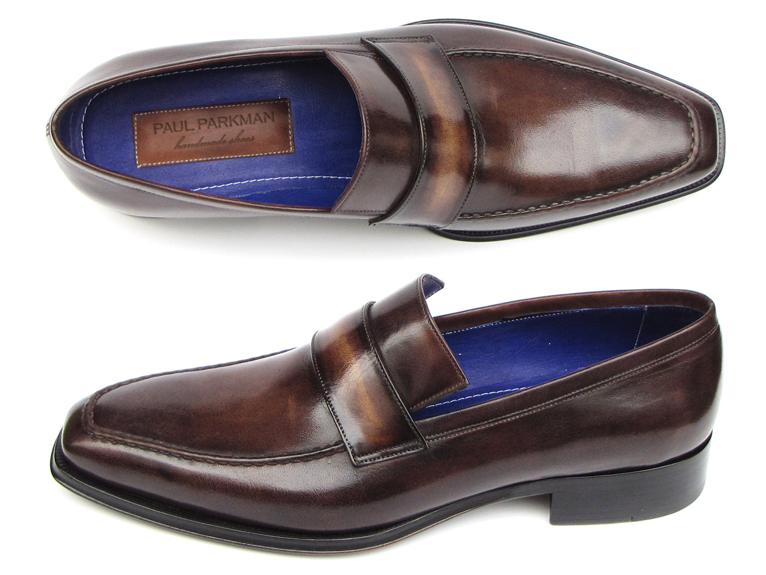 Paul Parkman Loafer Bronze Hand Painted Shoes - 012-BRNZ: men's brown leather loafers with penny strap, blue inner lining, and hand-painted finish, displayed from top and side views. Brand: Paul Parkman.