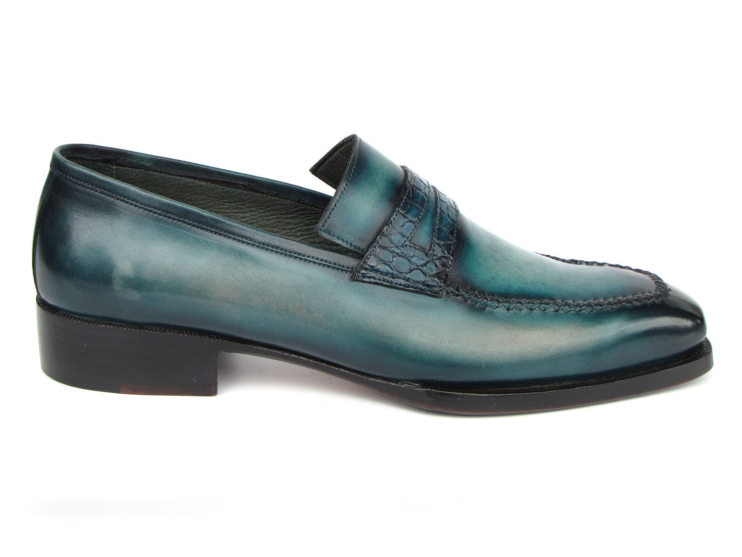Introducing the Paul Parkman Turquoise Patina Handmade Loafers 6944-TRQ, these glossy blue leather loafers from Paul Parkman feature stitched detailing and crocodile pattern straps with a distinctive turquoise patina leather finish.