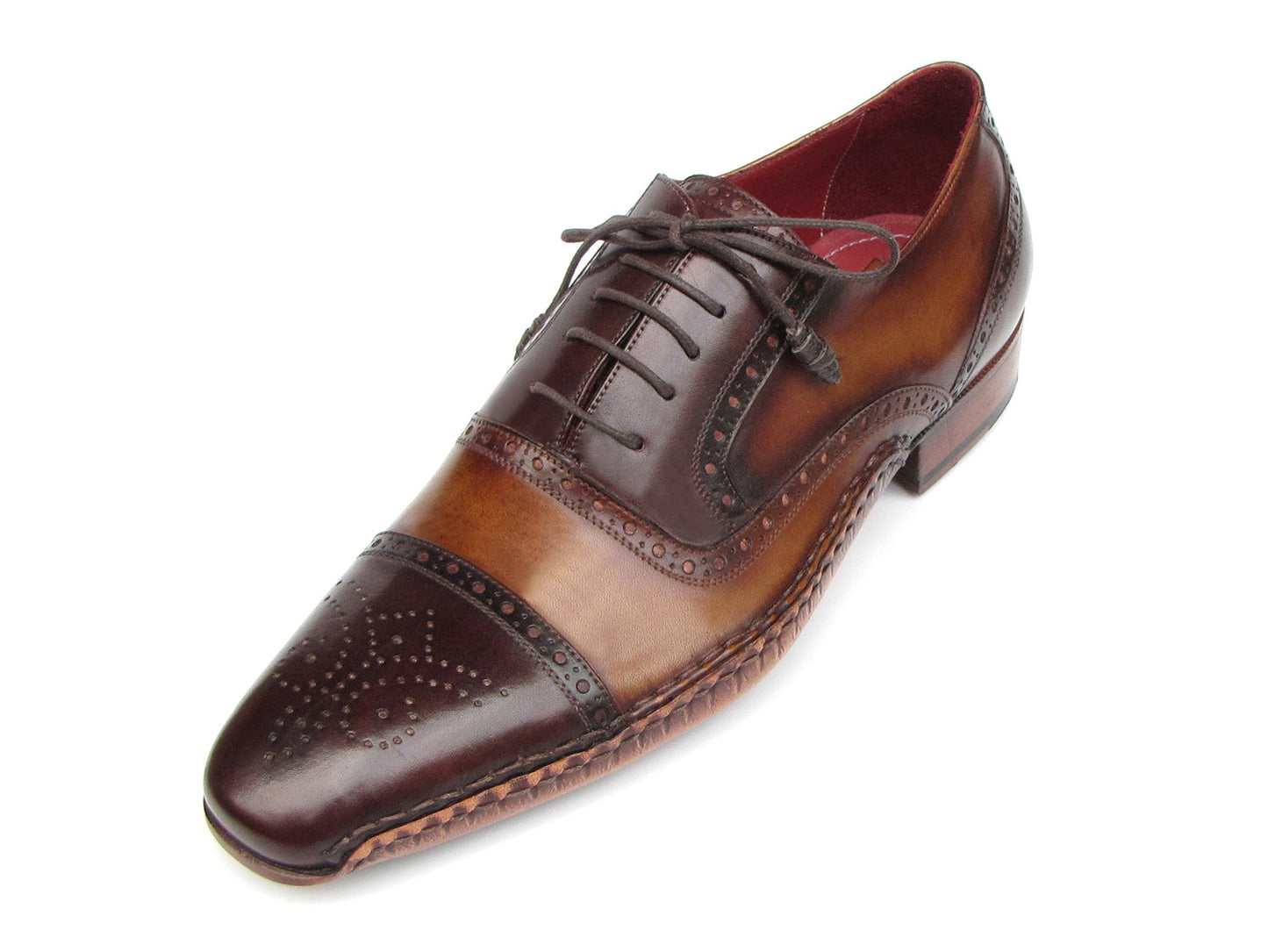 Paul Parkman Captoe Oxfords Brown Hand Painted Shoes (5032-BRW) by Paul Parkman: handmade men's brown leather Oxford shoes with brogue detailing and red interior lining, shown from top and side views.