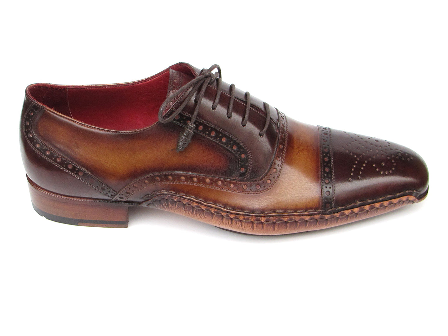 Paul Parkman Captoe Oxfords Brown Hand Painted Shoes (5032-BRW) by Paul Parkman: handmade men's brown leather Oxford shoes with brogue detailing and red interior lining, shown from top and side views.