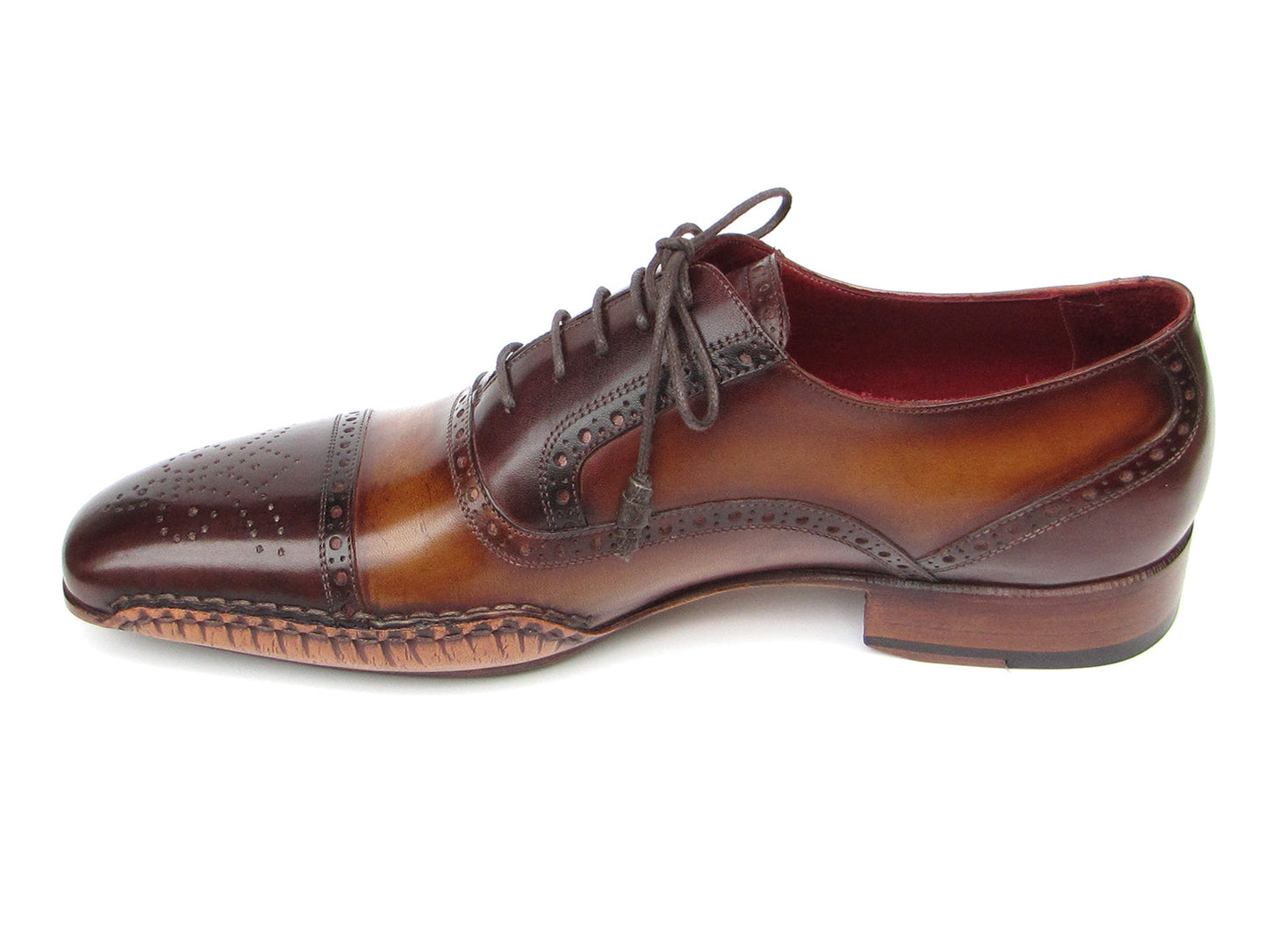 Paul Parkman Captoe Oxfords Brown Hand Painted Shoes (5032-BRW) by Paul Parkman: handmade men's brown leather Oxford shoes with brogue detailing and red interior lining, shown from top and side views.