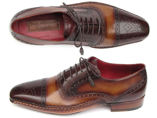 Paul Parkman Captoe Oxfords Brown Hand Painted Shoes (5032-BRW) by Paul Parkman: handmade men's brown leather Oxford shoes with brogue detailing and red interior lining, shown from top and side views.