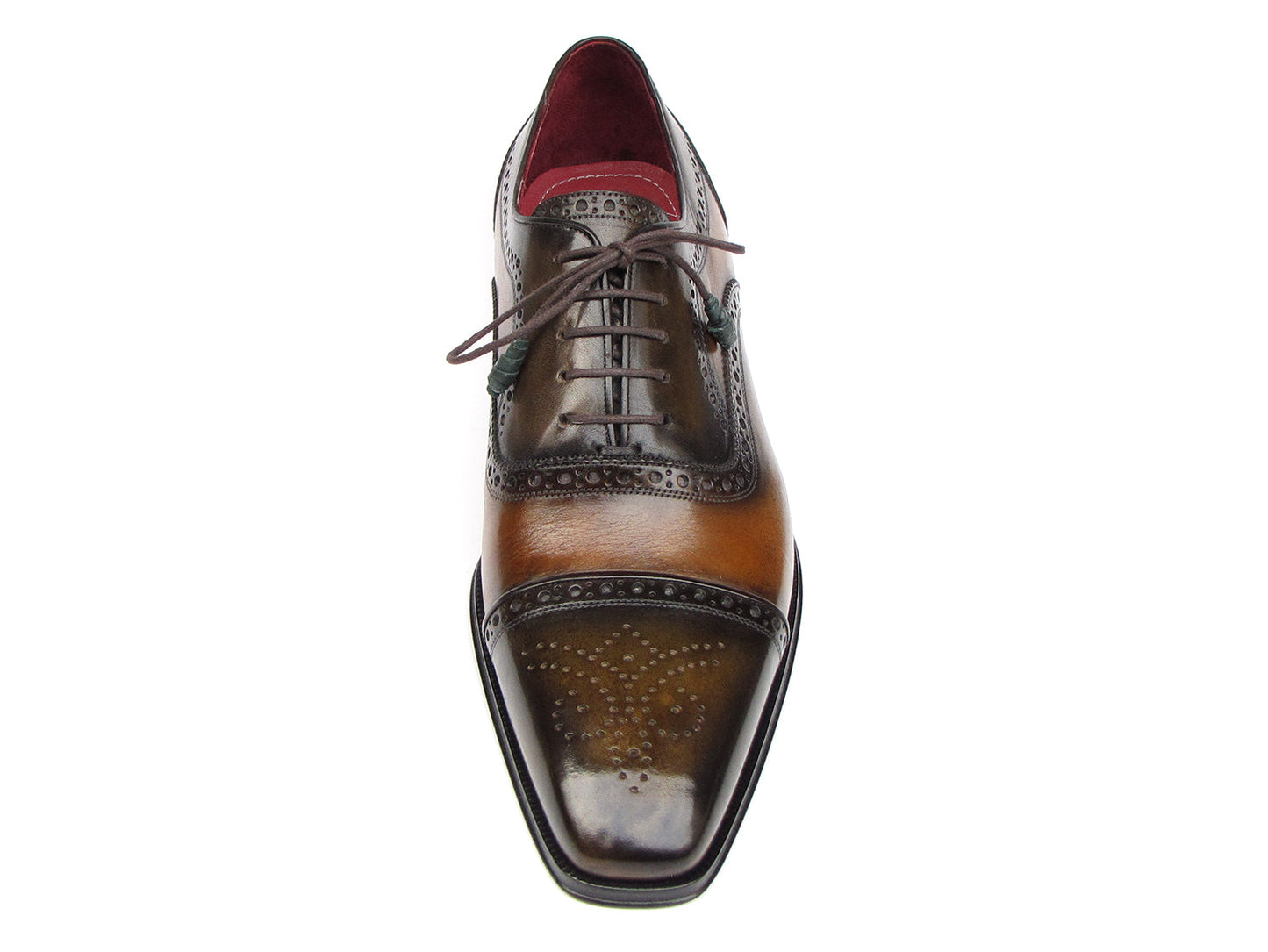 The Paul Parkman Captoe Oxfords Camel & Olive Shoes (024-OLV) feature hand-painted leather with captoe design, decorative perforations, and dark brown laces, shown on a white background.