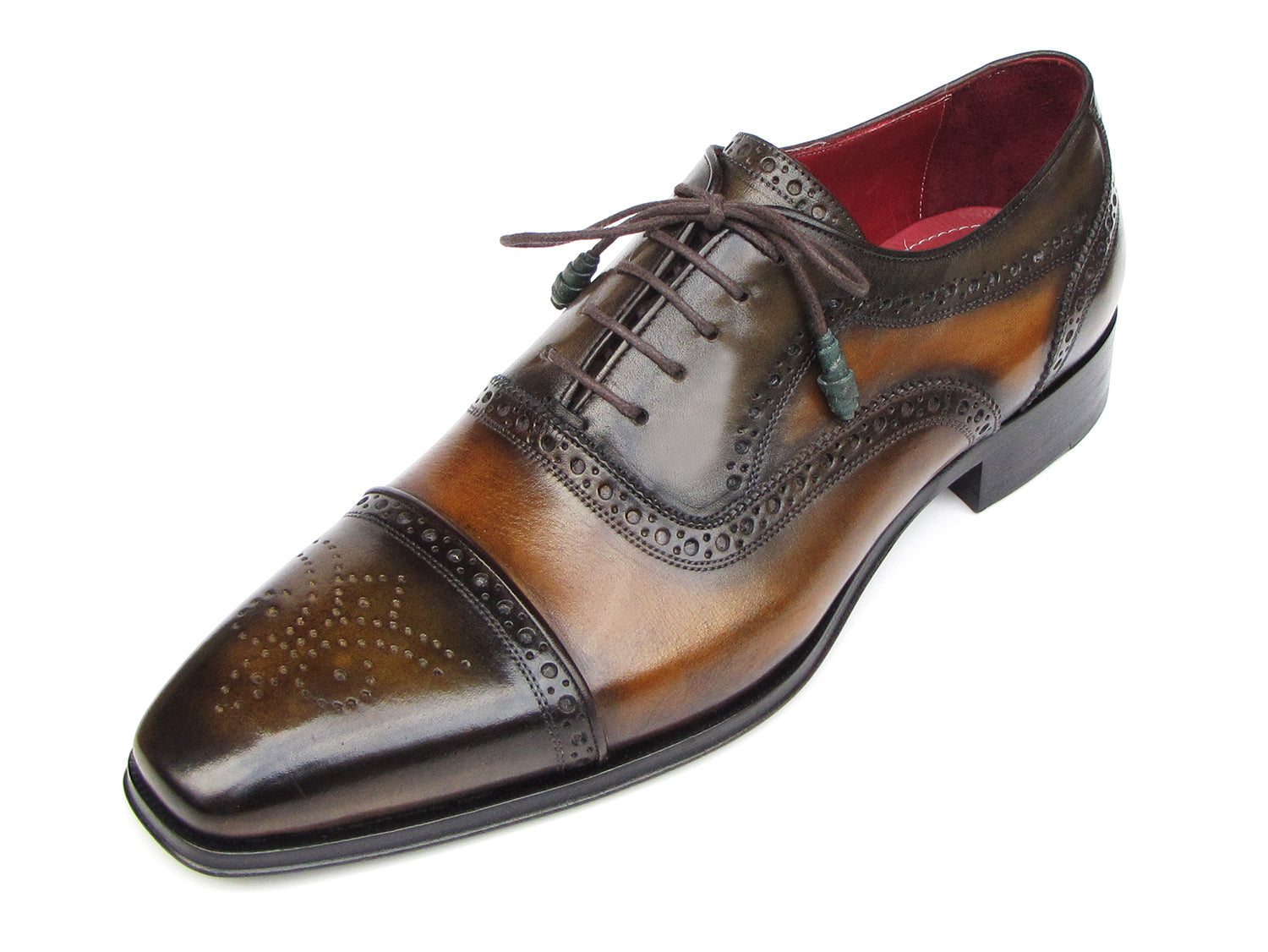 The Paul Parkman Captoe Oxfords Camel & Olive Shoes (024-OLV) feature hand-painted leather with captoe design, decorative perforations, and dark brown laces, shown on a white background.