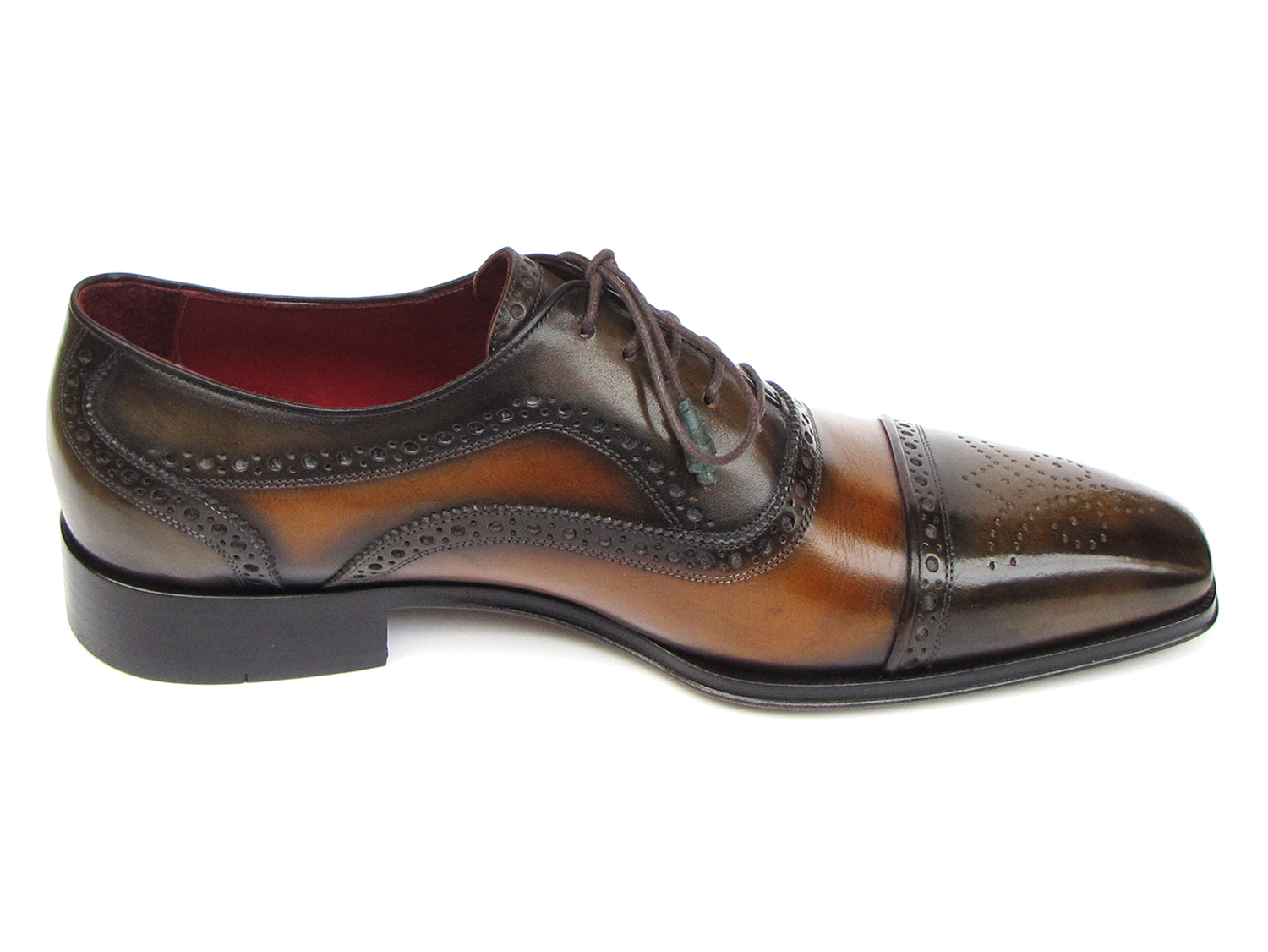 The Paul Parkman Captoe Oxfords Camel & Olive Shoes (024-OLV) feature hand-painted leather with captoe design, decorative perforations, and dark brown laces, shown on a white background.