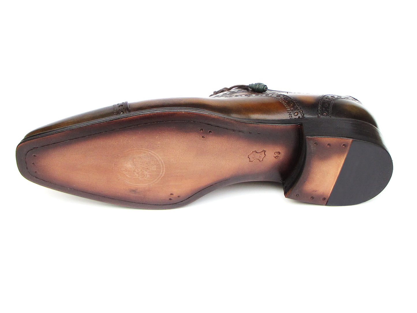 The Paul Parkman Captoe Oxfords Camel & Olive Shoes (024-OLV) feature hand-painted leather with captoe design, decorative perforations, and dark brown laces, shown on a white background.