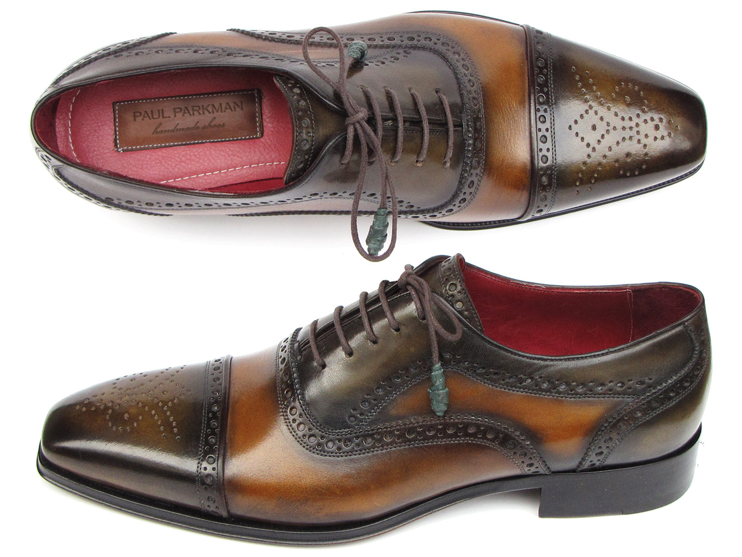 The Paul Parkman Captoe Oxfords Camel & Olive Shoes (024-OLV) feature hand-painted leather with captoe design, decorative perforations, and dark brown laces, shown on a white background.
