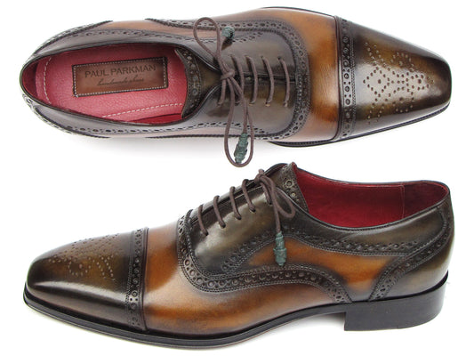 The Paul Parkman Captoe Oxfords Camel & Olive Shoes (024-OLV) feature hand-painted leather with captoe design, decorative perforations, and dark brown laces, shown on a white background.