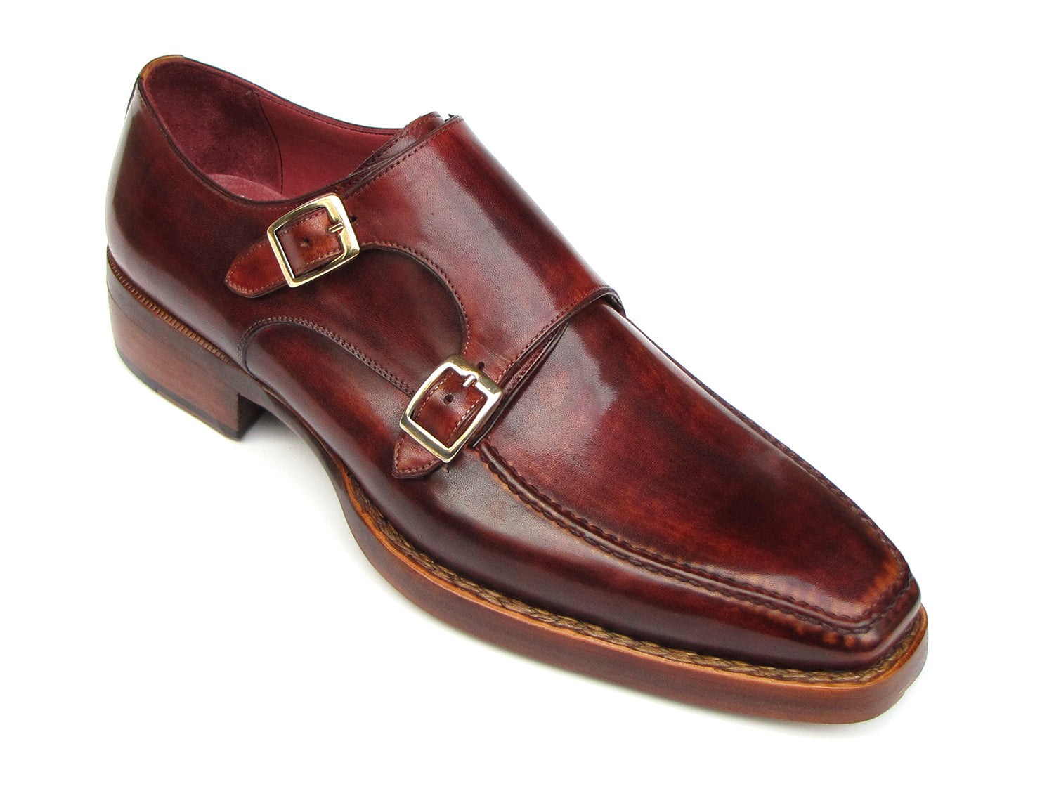 Paul Parkman Double Monkstrap Goodyear Welted Shoes - 061-BRD: Men's handmade brown leather monkstraps by Paul Parkman, featuring a polished finish and sturdy wooden soles.
