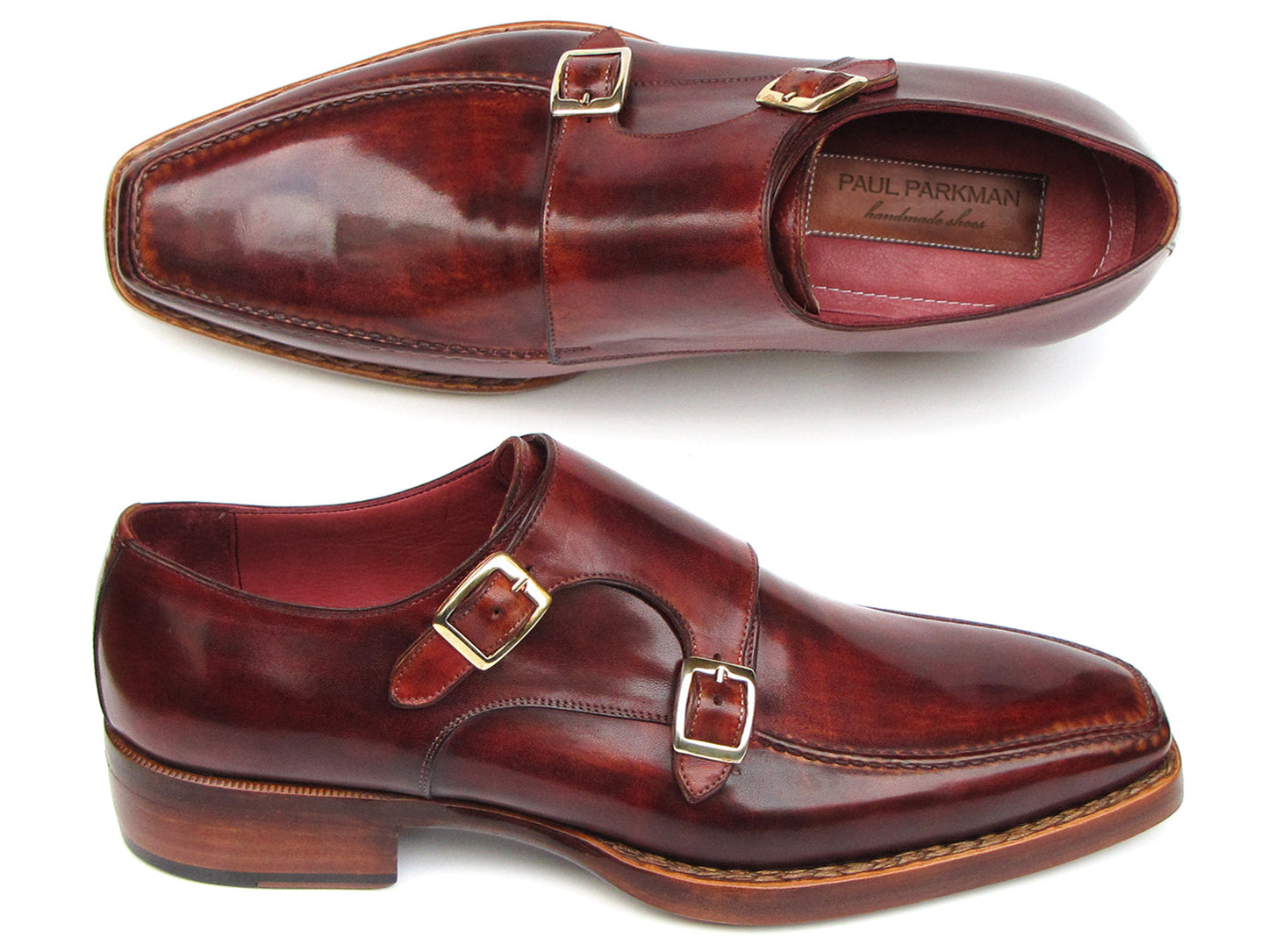 Paul Parkman Double Monkstrap Goodyear Welted Shoes - 061-BRD: Men's handmade brown leather monkstraps by Paul Parkman, featuring a polished finish and sturdy wooden soles.