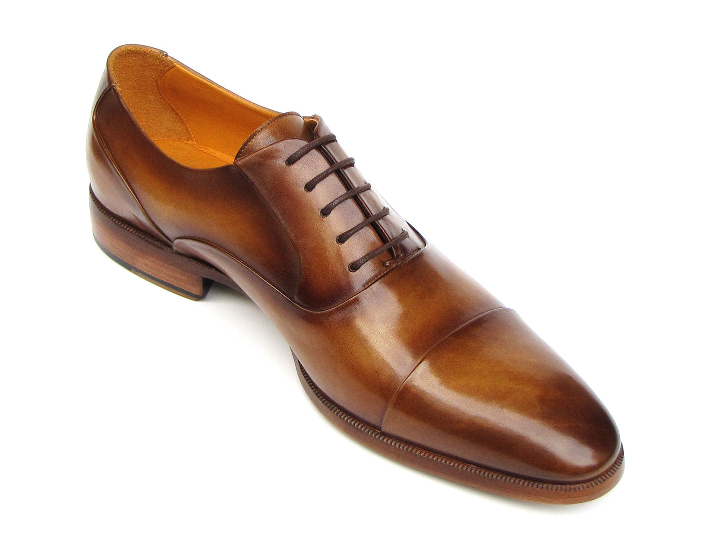 Paul Parkman Captoe Oxfords Brown Leather - 074-CML by Paul Parkman, shown from top and side views, are handmade men's dress shoes in brown leather with dark brown laces and a leather sole.