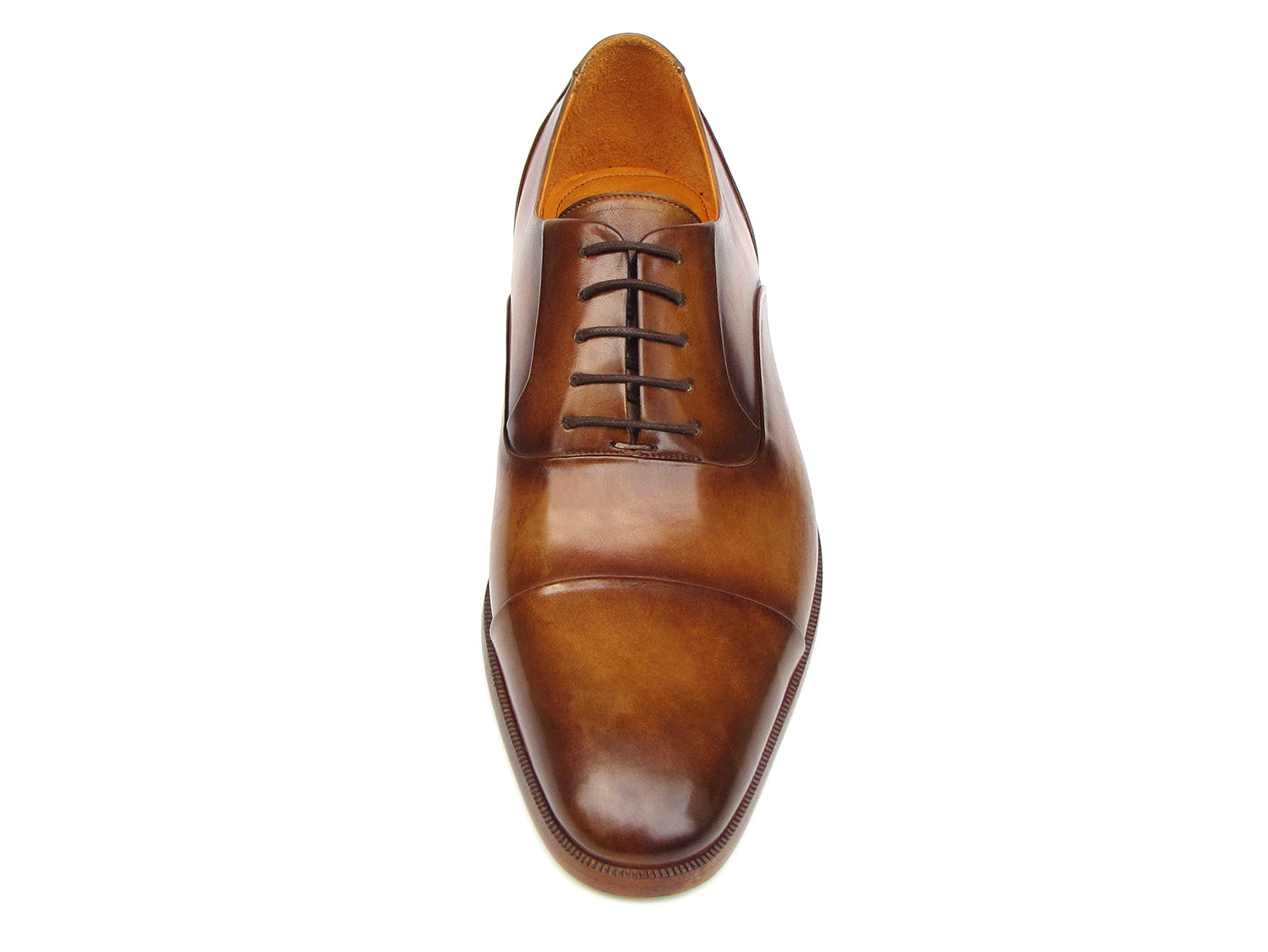 Paul Parkman Captoe Oxfords Brown Leather - 074-CML by Paul Parkman, shown from top and side views, are handmade men's dress shoes in brown leather with dark brown laces and a leather sole.