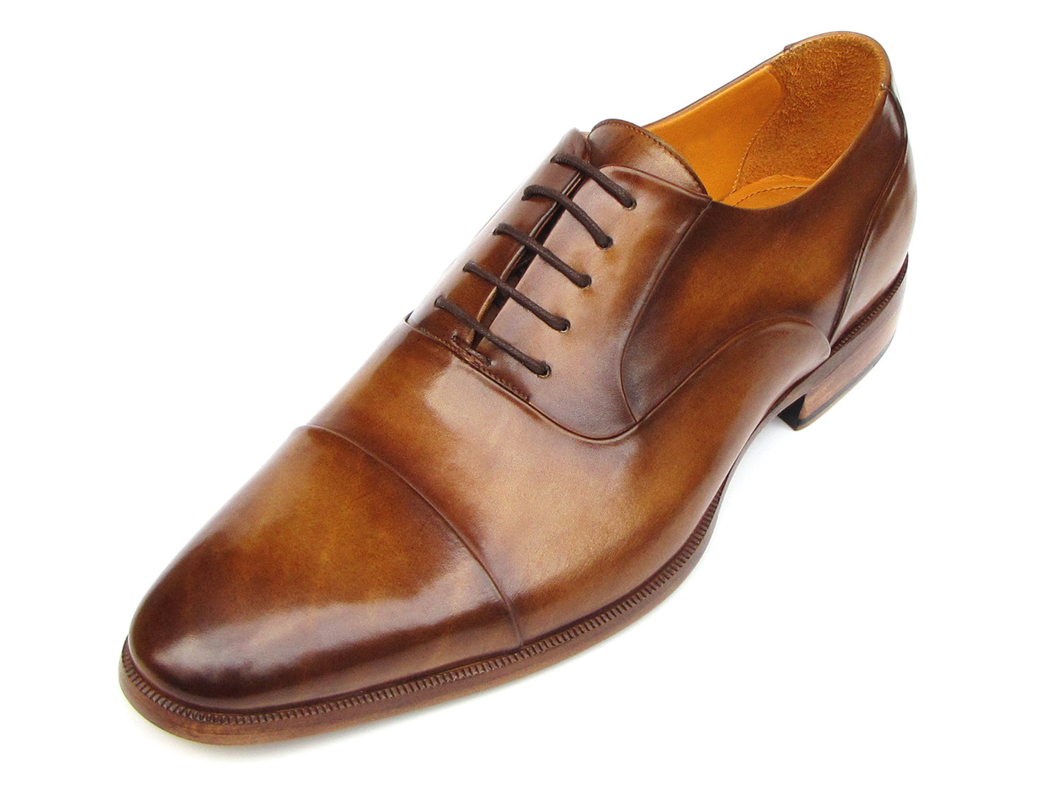 Paul Parkman Captoe Oxfords Brown Leather - 074-CML by Paul Parkman, shown from top and side views, are handmade men's dress shoes in brown leather with dark brown laces and a leather sole.