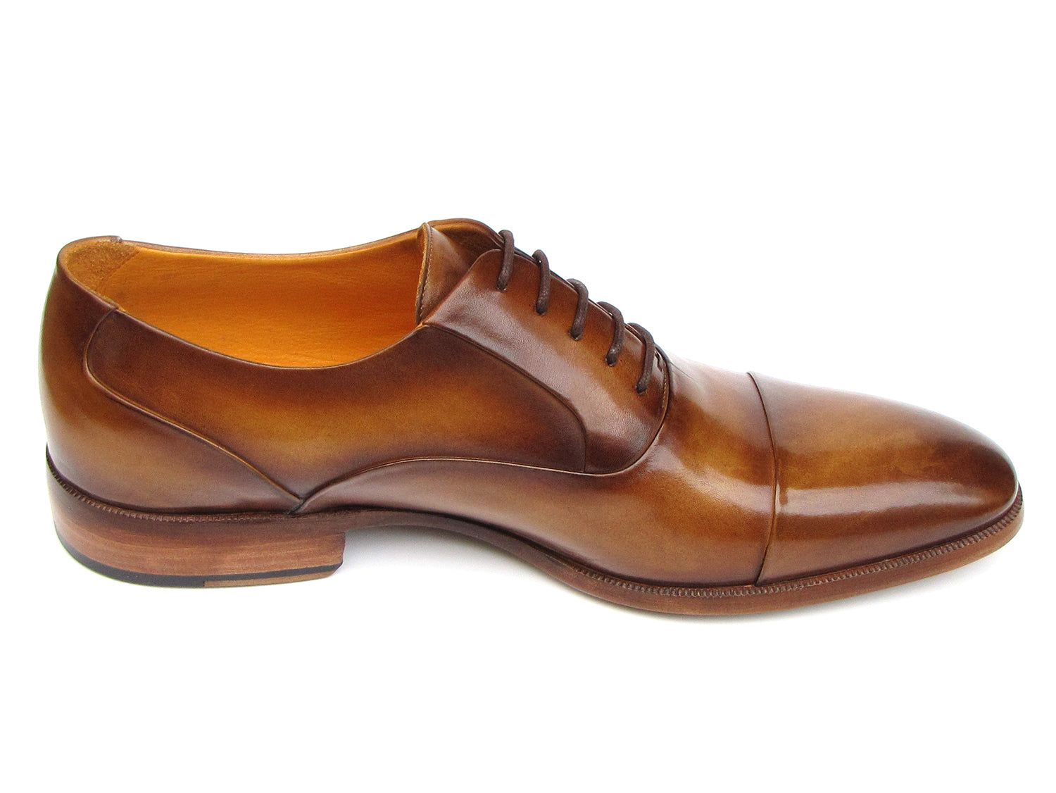 Paul Parkman Captoe Oxfords Brown Leather - 074-CML by Paul Parkman, shown from top and side views, are handmade men's dress shoes in brown leather with dark brown laces and a leather sole.