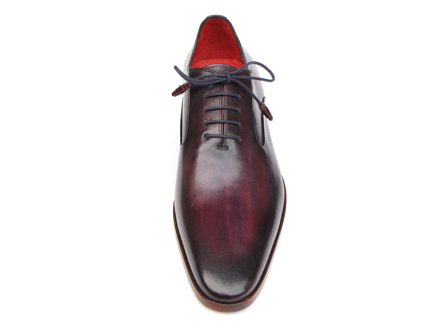 A single Paul Parkman Plain Toe Oxfords Purple Shoe for men, handmade with a sleek design, red interior lining, and brown wooden heel, viewed from an angle.