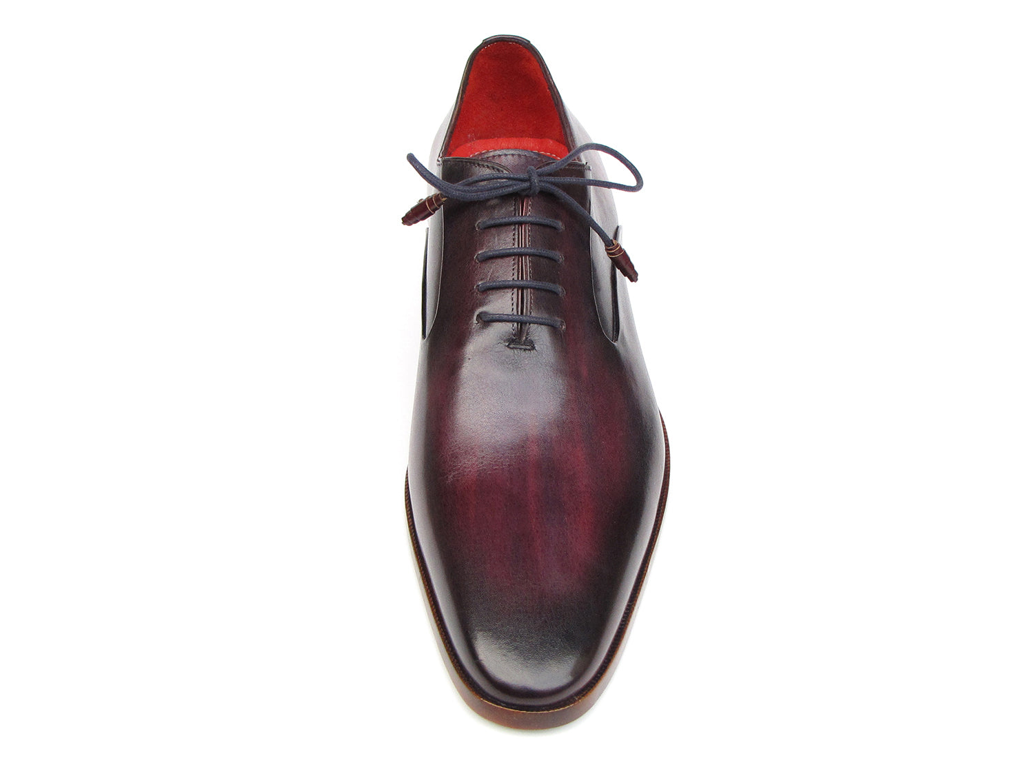 A single Paul Parkman Plain Toe Oxfords Purple Shoe for men, handmade with a sleek design, red interior lining, and brown wooden heel, viewed from an angle.