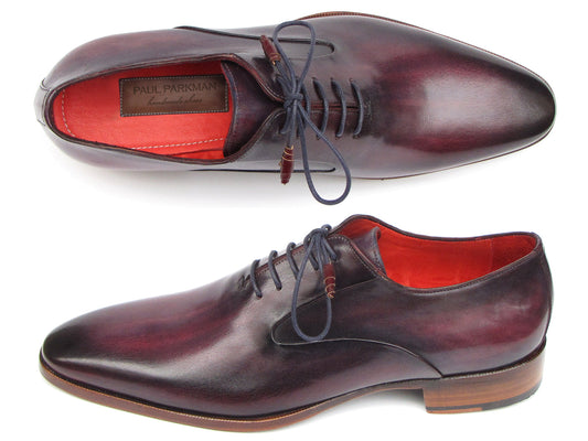 A single Paul Parkman Plain Toe Oxfords Purple Shoe for men, handmade with a sleek design, red interior lining, and brown wooden heel, viewed from an angle.