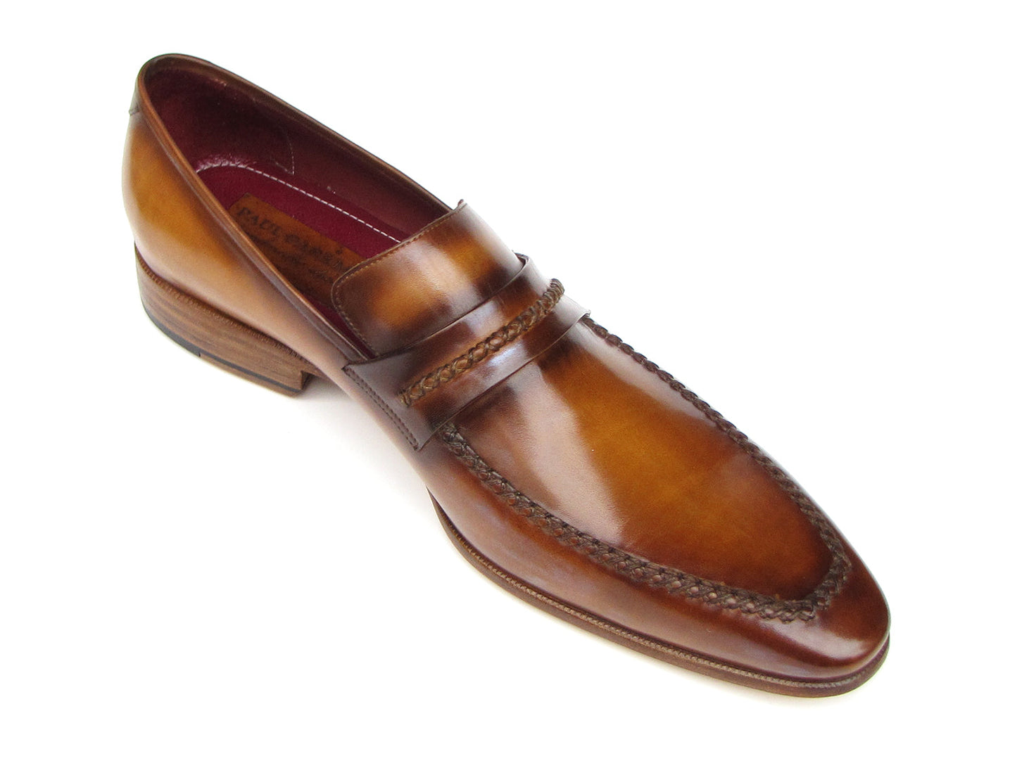 Two men's Paul Parkman Loafer Brown Leather Shoes (068-CML) in brown leather with hand-stitched details, wooden heels, burgundy-lined interior, and brand label—shown from top and side views.