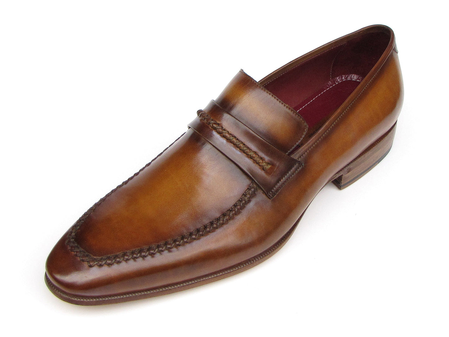 Two men's Paul Parkman Loafer Brown Leather Shoes (068-CML) in brown leather with hand-stitched details, wooden heels, burgundy-lined interior, and brand label—shown from top and side views.