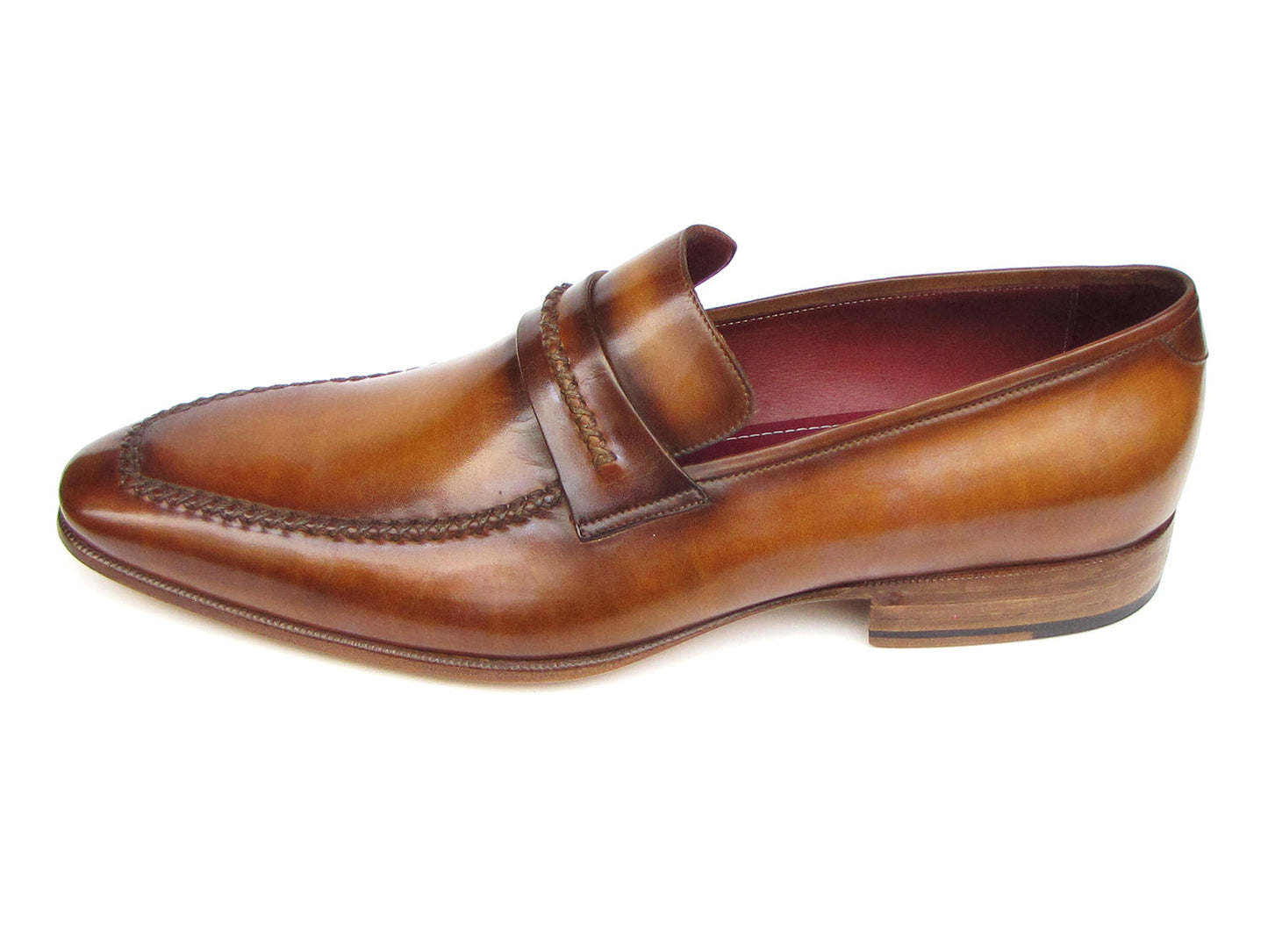 Two men's Paul Parkman Loafer Brown Leather Shoes (068-CML) in brown leather with hand-stitched details, wooden heels, burgundy-lined interior, and brand label—shown from top and side views.