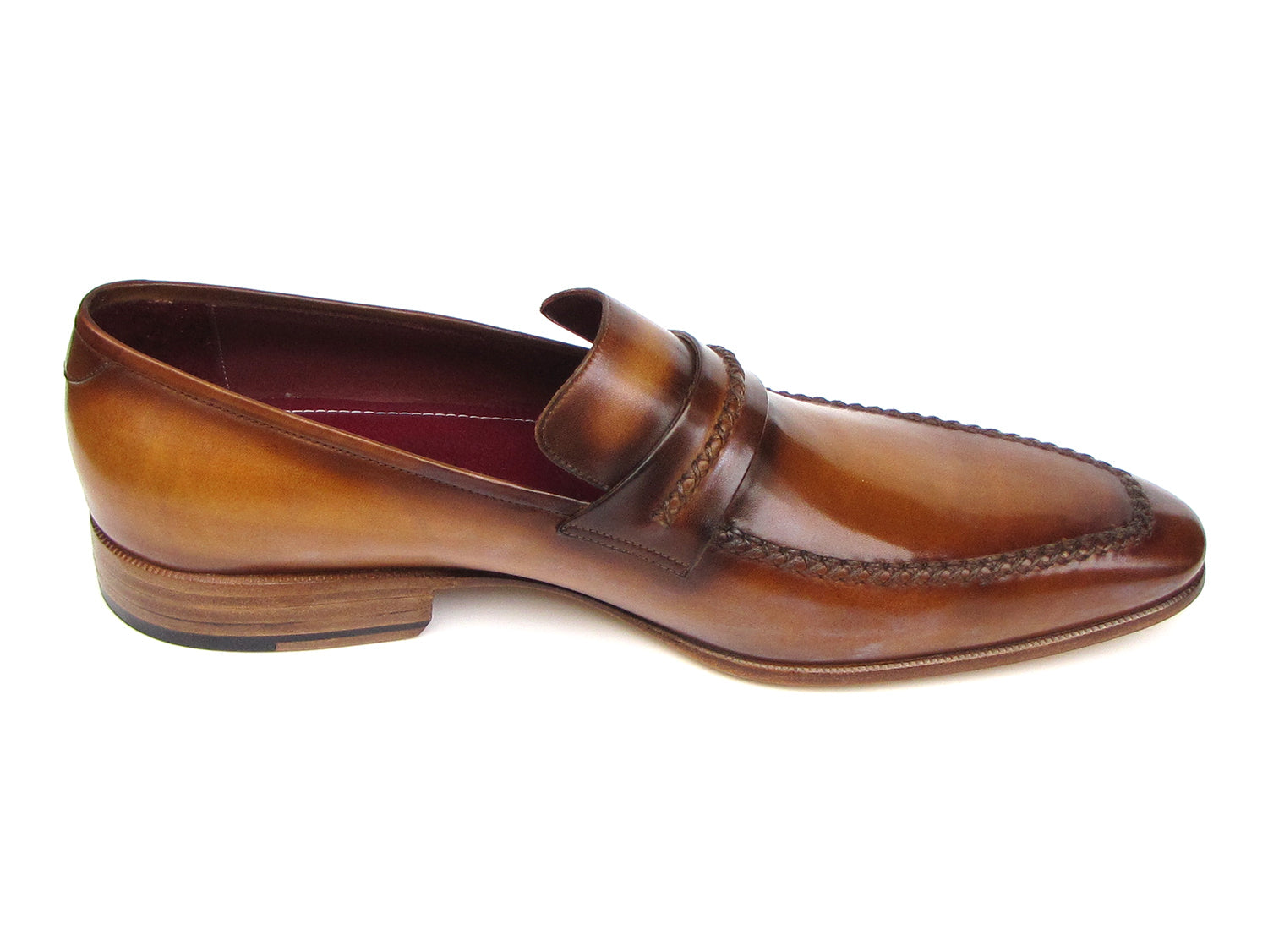 Two men's Paul Parkman Loafer Brown Leather Shoes (068-CML) in brown leather with hand-stitched details, wooden heels, burgundy-lined interior, and brand label—shown from top and side views.