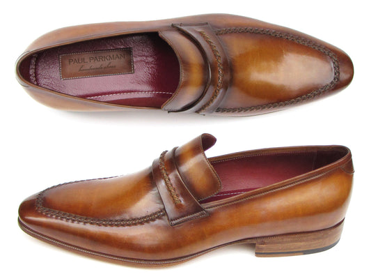 Two men's Paul Parkman Loafer Brown Leather Shoes (068-CML) in brown leather with hand-stitched details, wooden heels, burgundy-lined interior, and brand label—shown from top and side views.