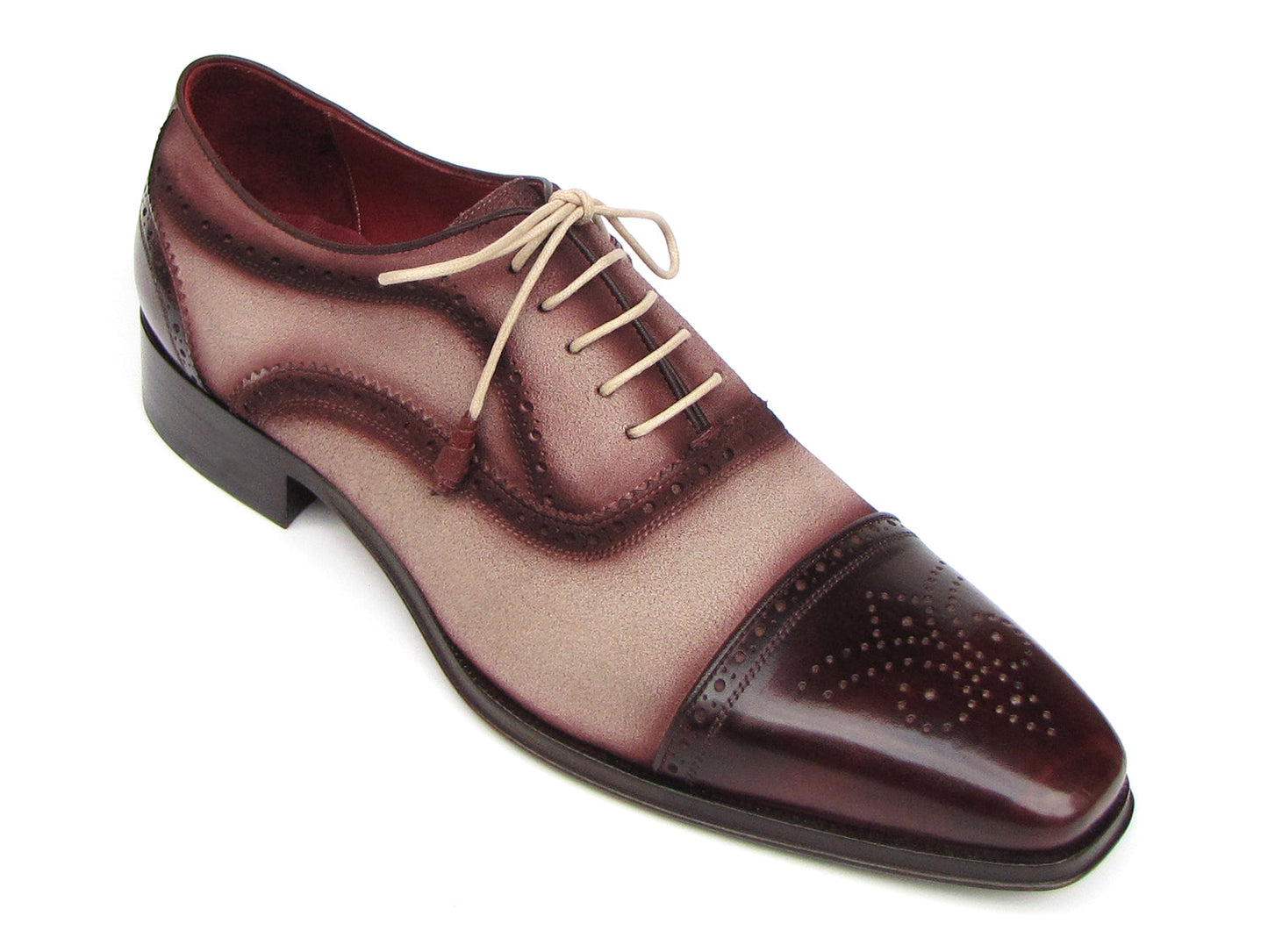 The Paul Parkman Captoe Oxfords Bordeaux Beige - 024-BRR are men's Oxford shoes in burgundy and beige Italian calfskin suede, featuring brogue detailing, a cap toe, and beige laces—elegance from Paul Parkman for any occasion.