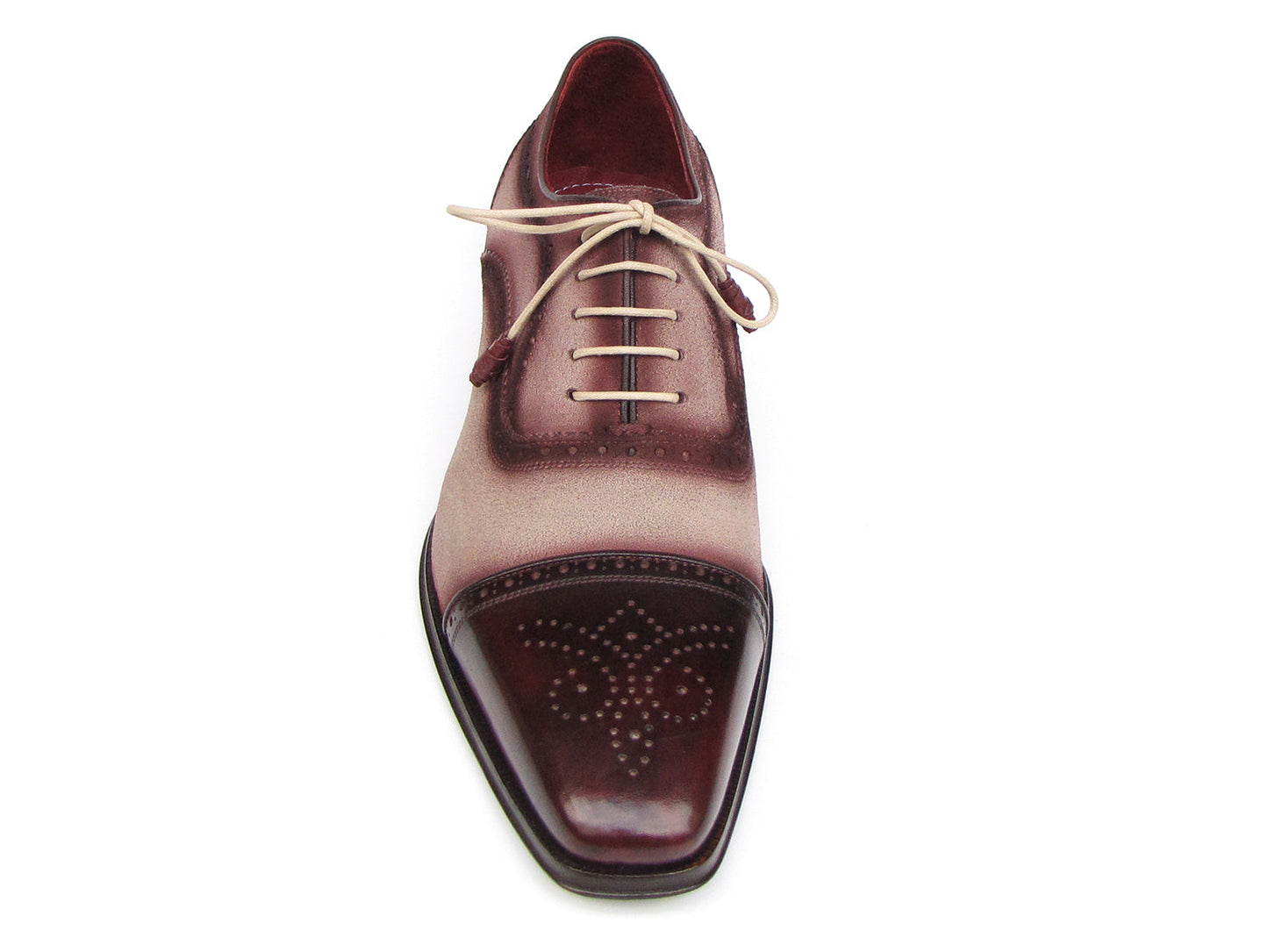 The Paul Parkman Captoe Oxfords Bordeaux Beige - 024-BRR are men's Oxford shoes in burgundy and beige Italian calfskin suede, featuring brogue detailing, a cap toe, and beige laces—elegance from Paul Parkman for any occasion.