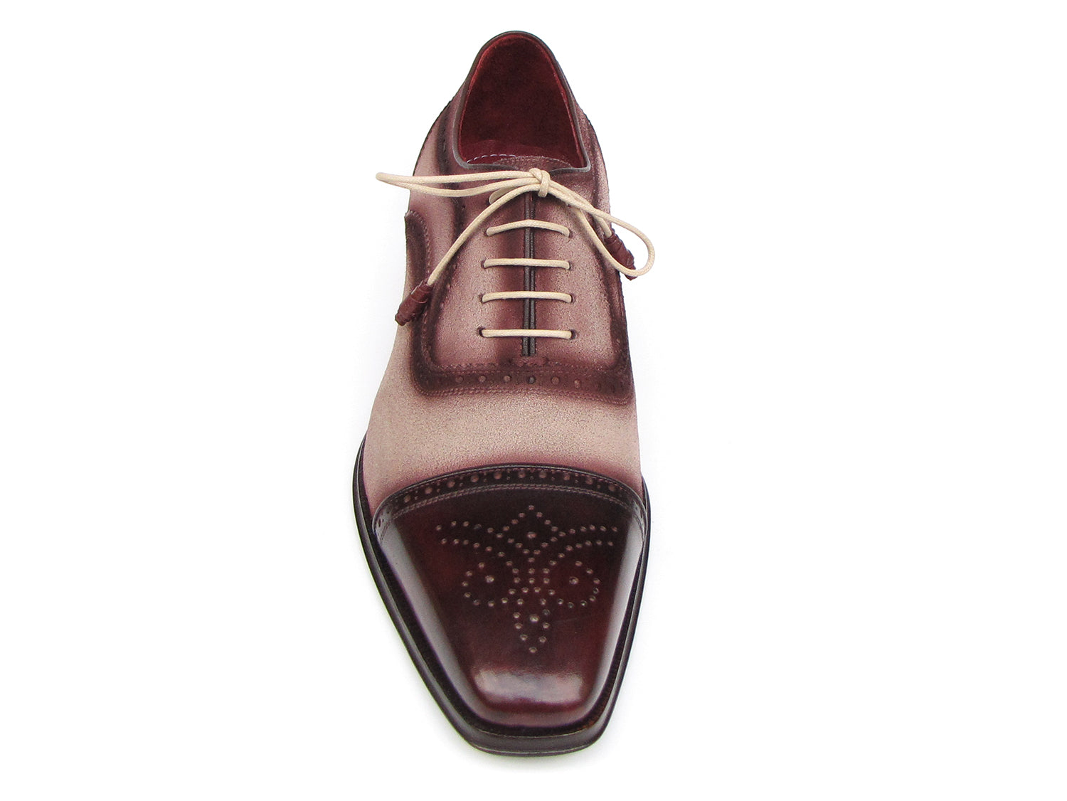 The Paul Parkman Captoe Oxfords Bordeaux Beige - 024-BRR are men's Oxford shoes in burgundy and beige Italian calfskin suede, featuring brogue detailing, a cap toe, and beige laces—elegance from Paul Parkman for any occasion.