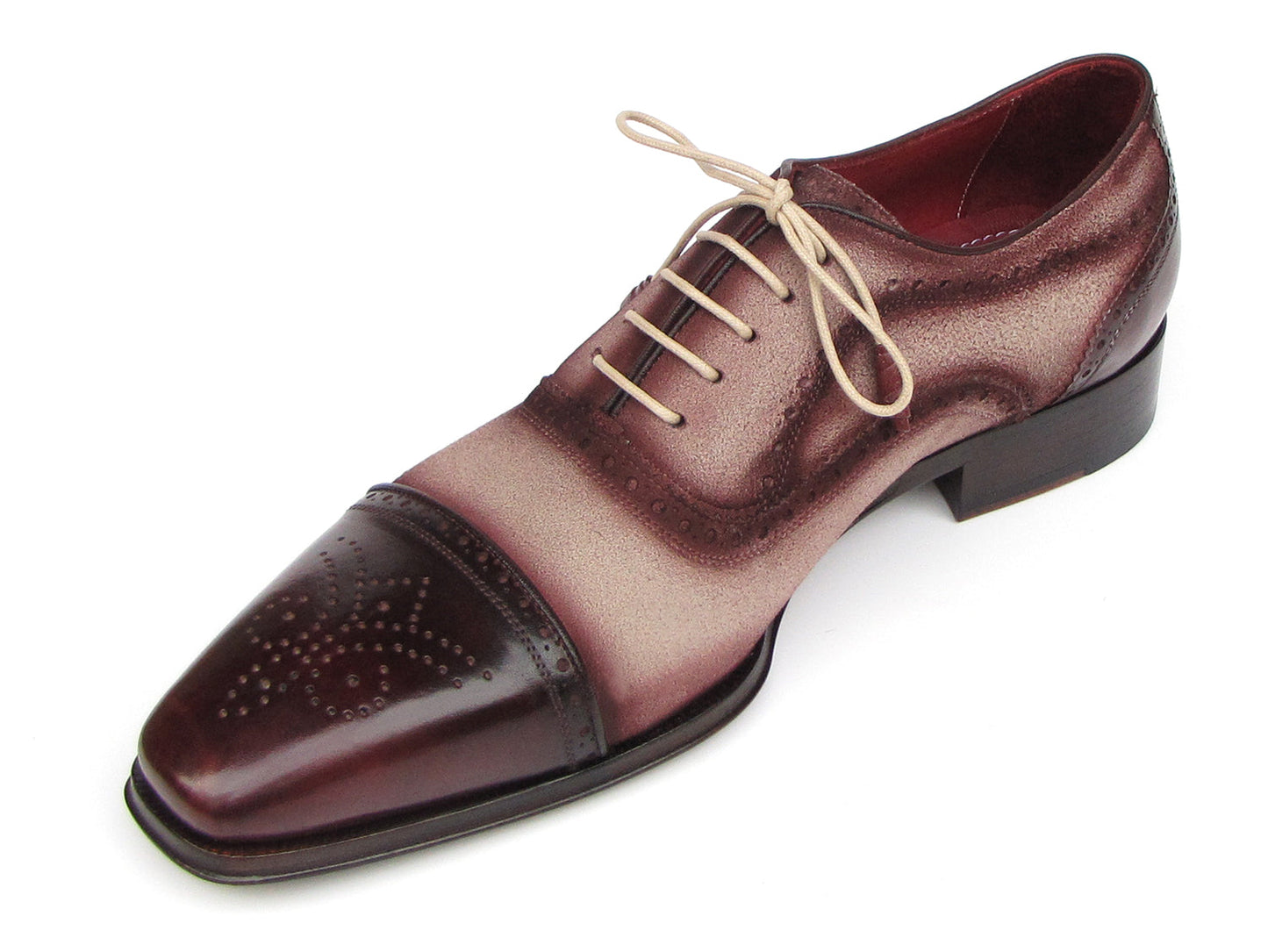 The Paul Parkman Captoe Oxfords Bordeaux Beige - 024-BRR are men's Oxford shoes in burgundy and beige Italian calfskin suede, featuring brogue detailing, a cap toe, and beige laces—elegance from Paul Parkman for any occasion.