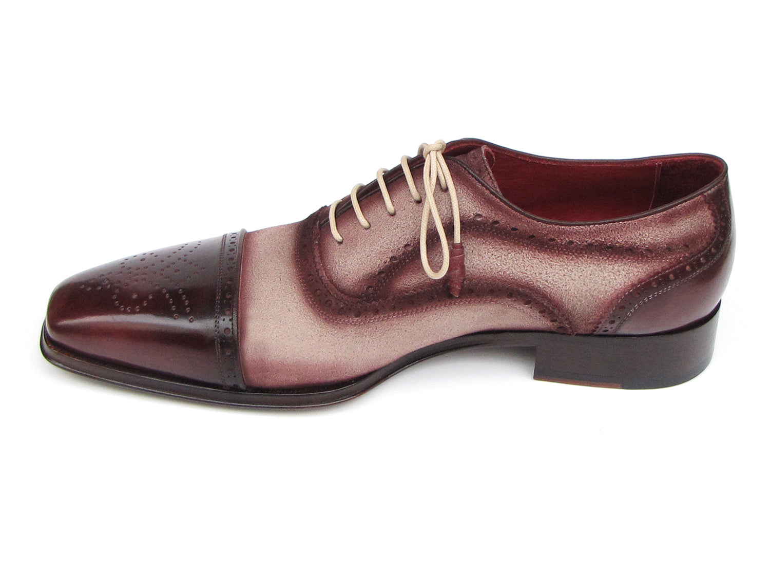 The Paul Parkman Captoe Oxfords Bordeaux Beige - 024-BRR are men's Oxford shoes in burgundy and beige Italian calfskin suede, featuring brogue detailing, a cap toe, and beige laces—elegance from Paul Parkman for any occasion.