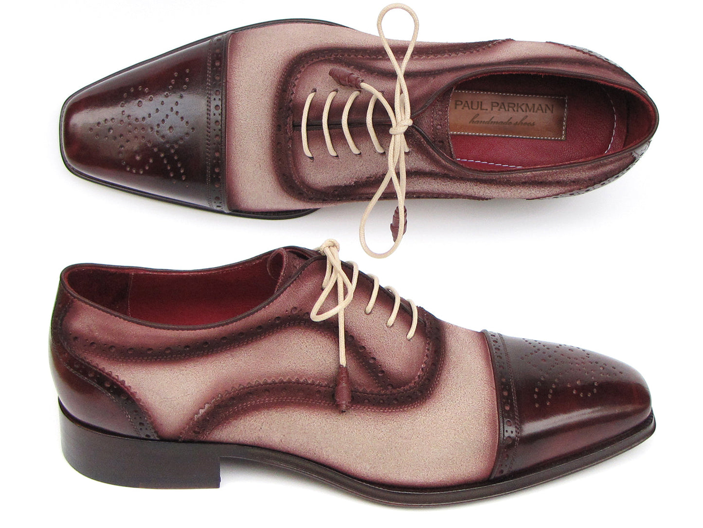 The Paul Parkman Captoe Oxfords Bordeaux Beige - 024-BRR are men's Oxford shoes in burgundy and beige Italian calfskin suede, featuring brogue detailing, a cap toe, and beige laces—elegance from Paul Parkman for any occasion.