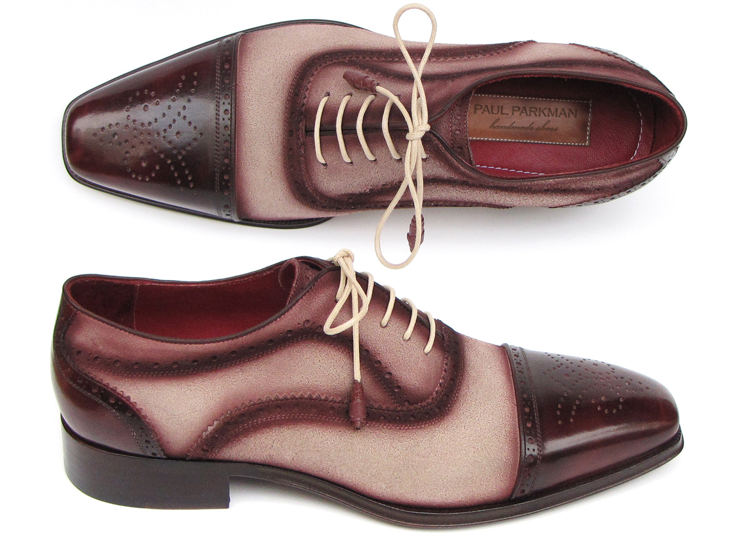 The Paul Parkman Captoe Oxfords Bordeaux Beige - 024-BRR are men's Oxford shoes in burgundy and beige Italian calfskin suede, featuring brogue detailing, a cap toe, and beige laces—elegance from Paul Parkman for any occasion.