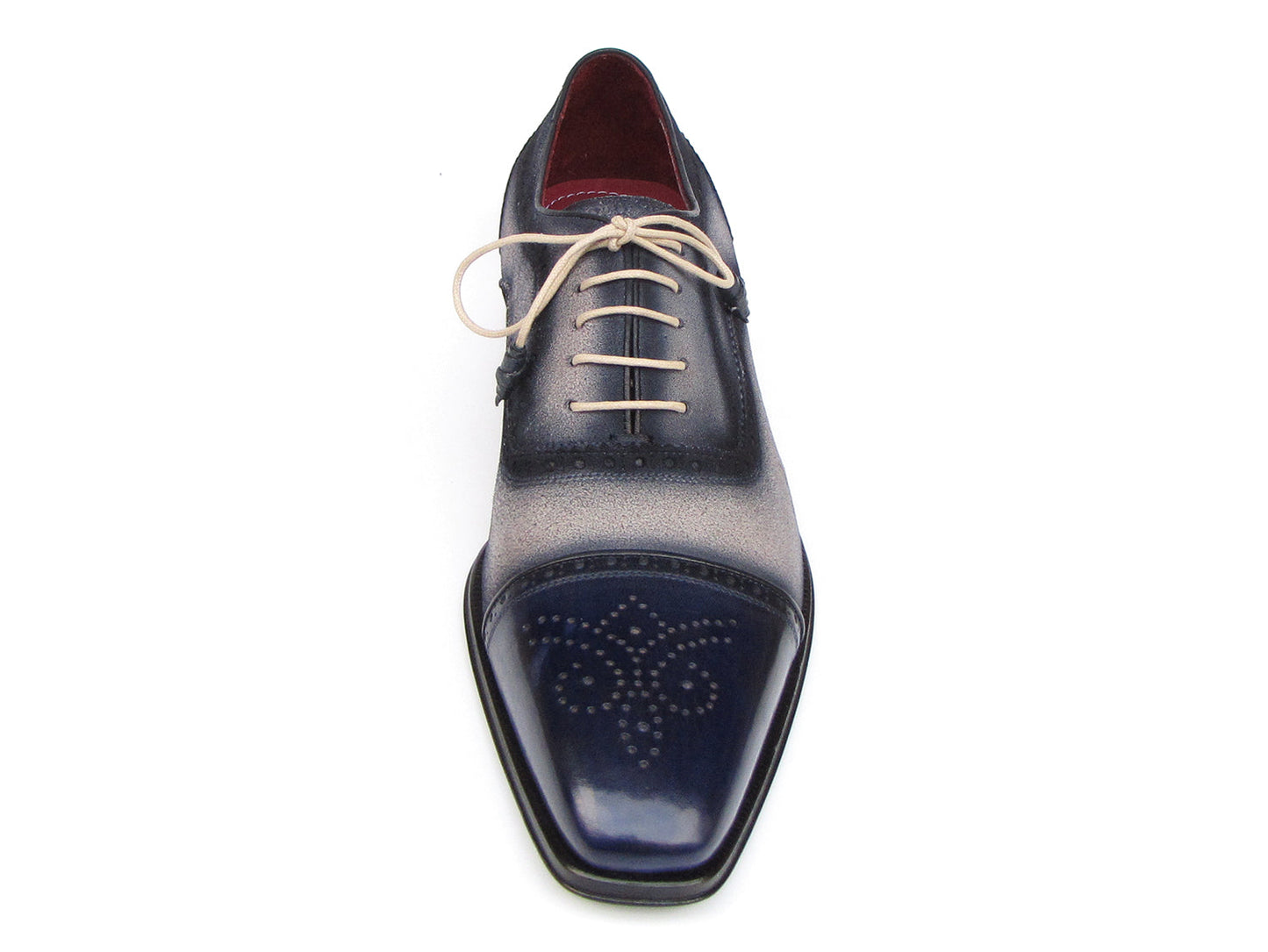 Paul Parkman Captoe Oxfords Navy Beige - 024-BLS: Men's oxford shoes in gradient blue-gray Italian calfskin suede with brogue details, beige laces, red interior lining by Paul Parkman.