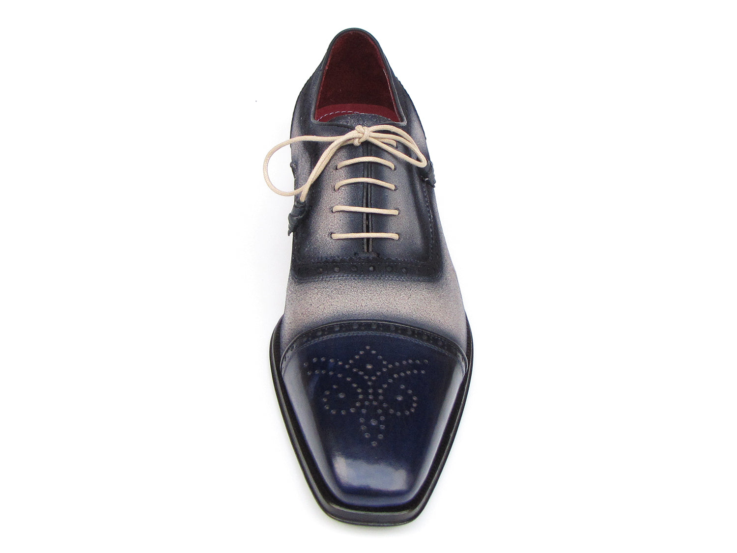 Paul Parkman Captoe Oxfords Navy Beige - 024-BLS: Men's oxford shoes in gradient blue-gray Italian calfskin suede with brogue details, beige laces, red interior lining by Paul Parkman.