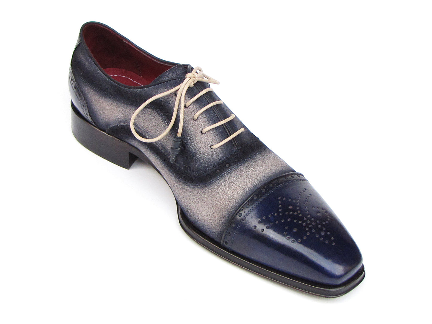 Paul Parkman Captoe Oxfords Navy Beige - 024-BLS: Men's oxford shoes in gradient blue-gray Italian calfskin suede with brogue details, beige laces, red interior lining by Paul Parkman.