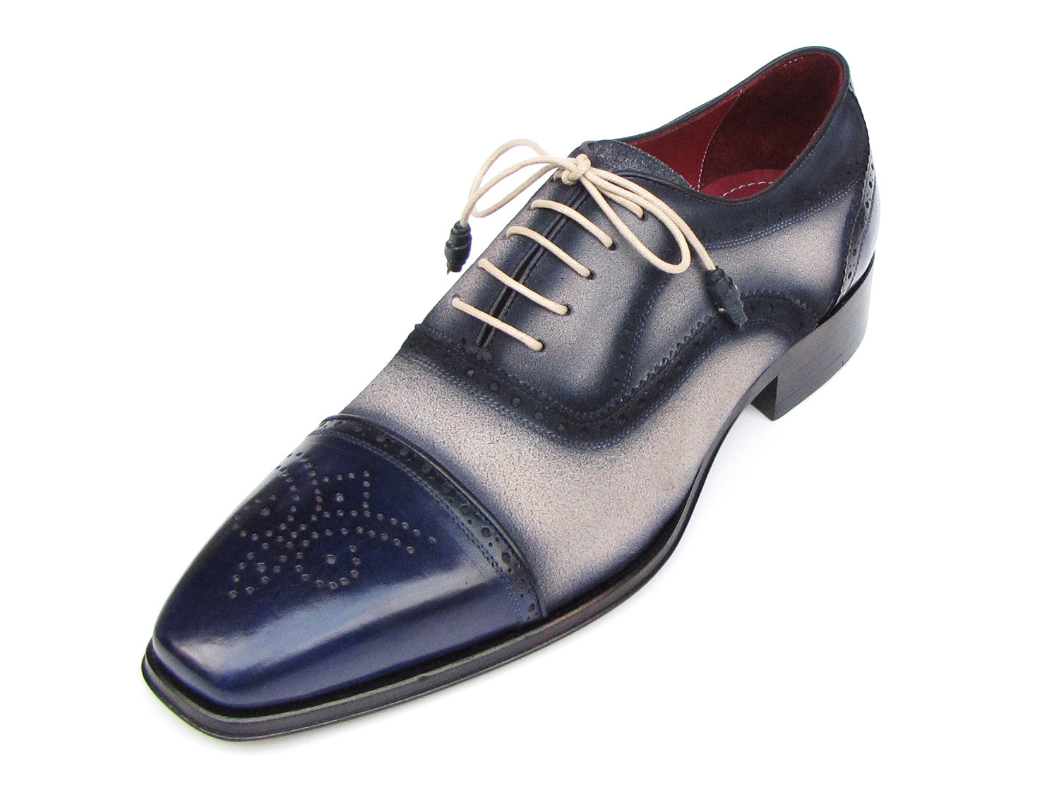 Paul Parkman Captoe Oxfords Navy Beige - 024-BLS: Men's oxford shoes in gradient blue-gray Italian calfskin suede with brogue details, beige laces, red interior lining by Paul Parkman.