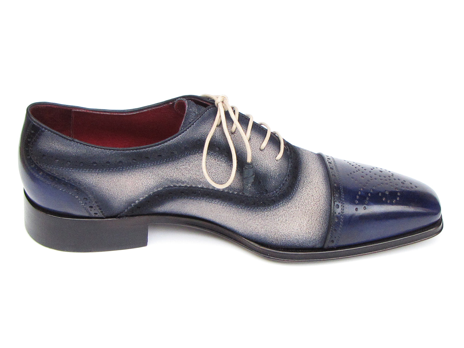 Paul Parkman Captoe Oxfords Navy Beige - 024-BLS: Men's oxford shoes in gradient blue-gray Italian calfskin suede with brogue details, beige laces, red interior lining by Paul Parkman.