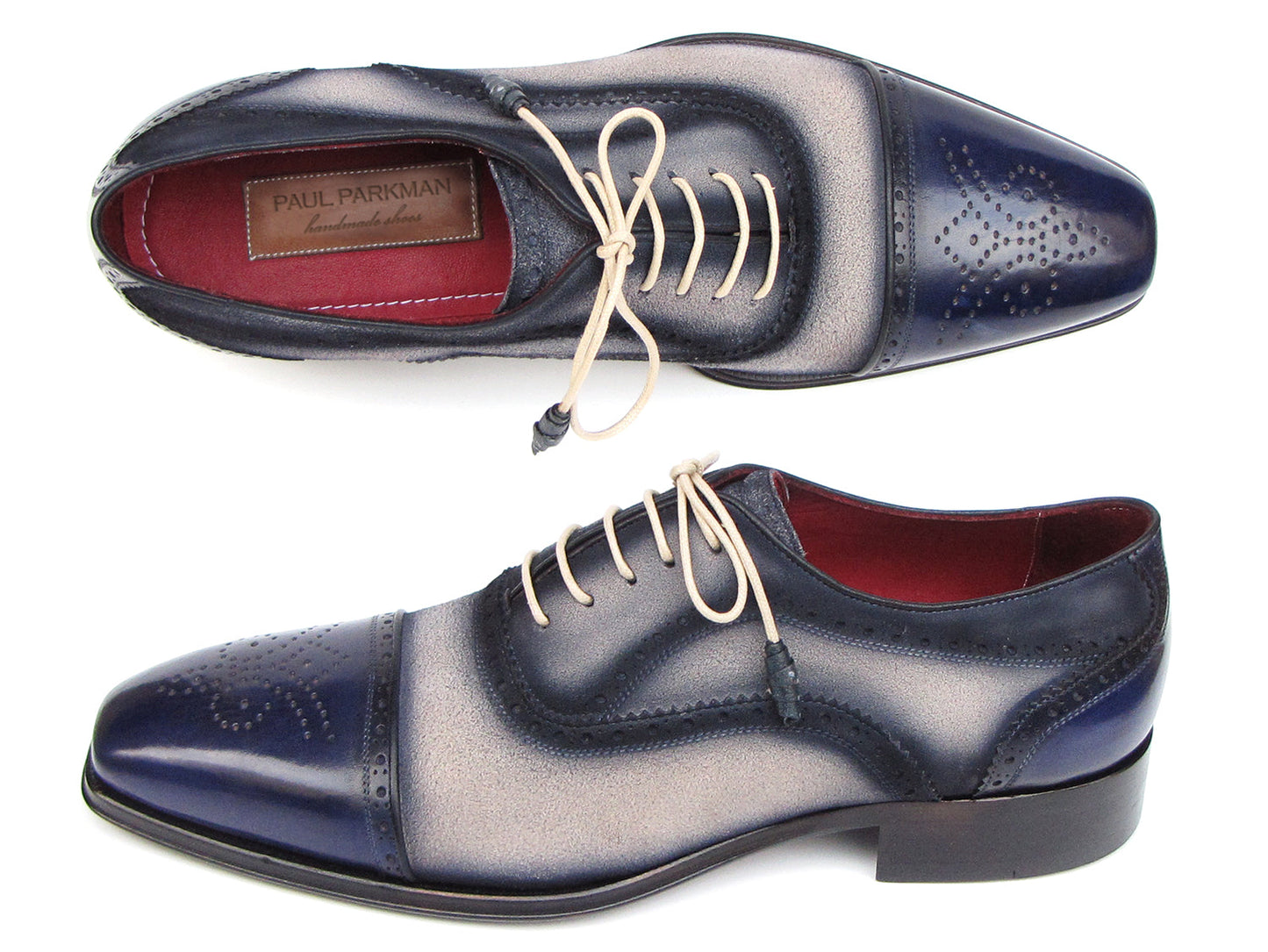 Paul Parkman Captoe Oxfords Navy Beige - 024-BLS: Men's oxford shoes in gradient blue-gray Italian calfskin suede with brogue details, beige laces, red interior lining by Paul Parkman.