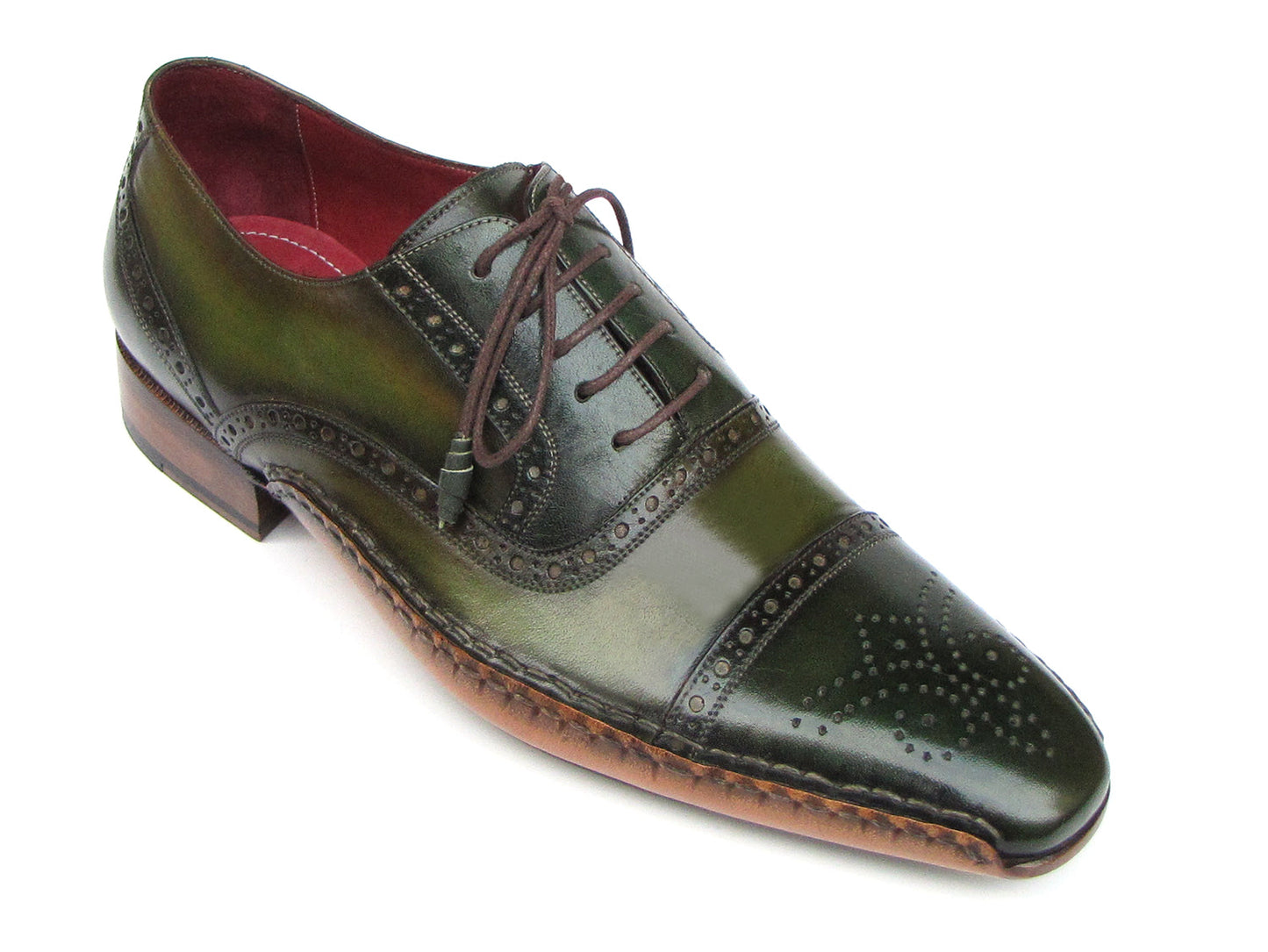 Paul Parkman Side Handsewn Captoe Oxfords Green - 5032-GREEN: men's hand-painted green and brown leather brogue oxfords with captoe, brogue detailing, brown laces, red interiors; shown from top and side views.