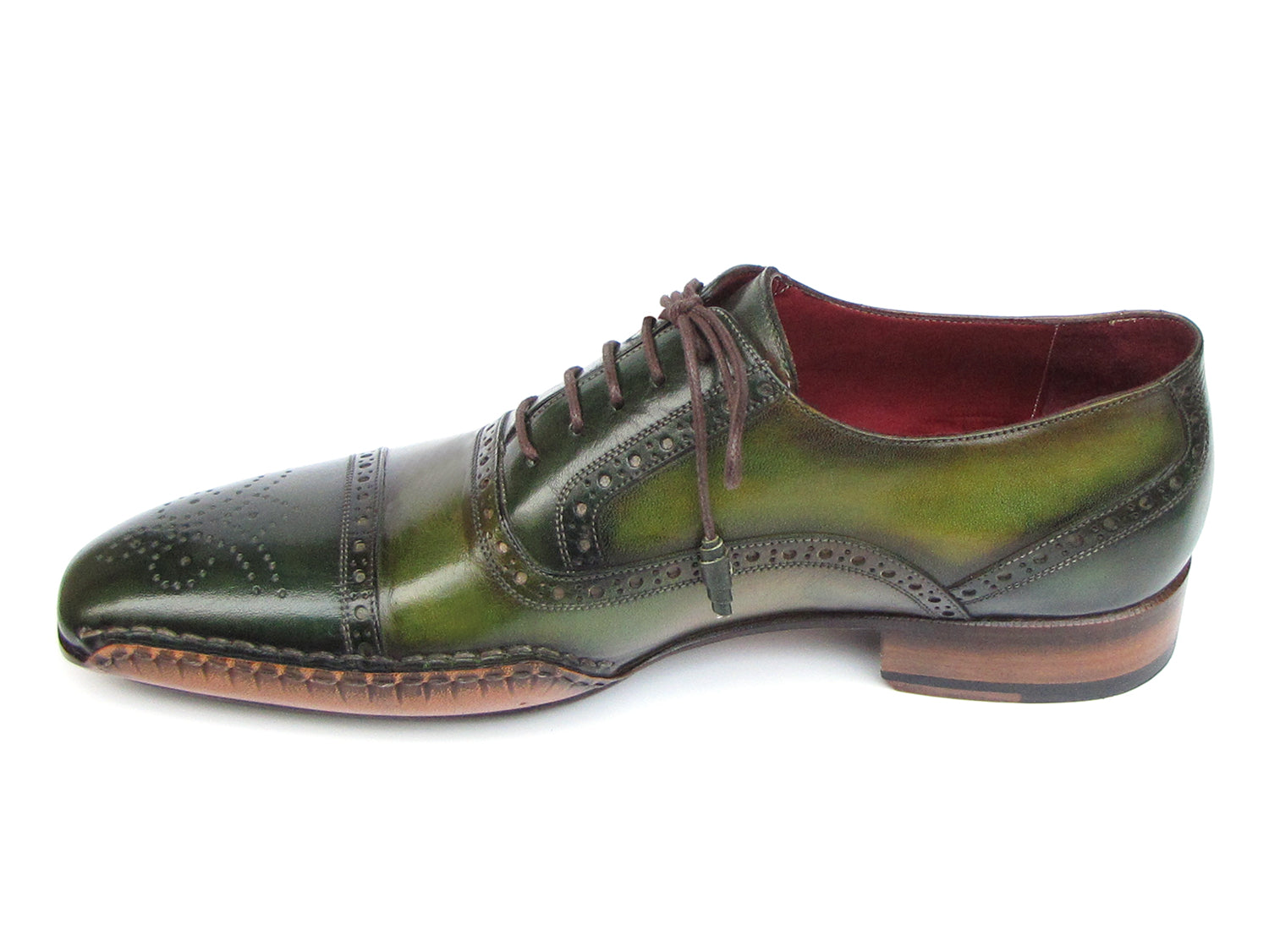 Paul Parkman Side Handsewn Captoe Oxfords Green - 5032-GREEN: men's hand-painted green and brown leather brogue oxfords with captoe, brogue detailing, brown laces, red interiors; shown from top and side views.