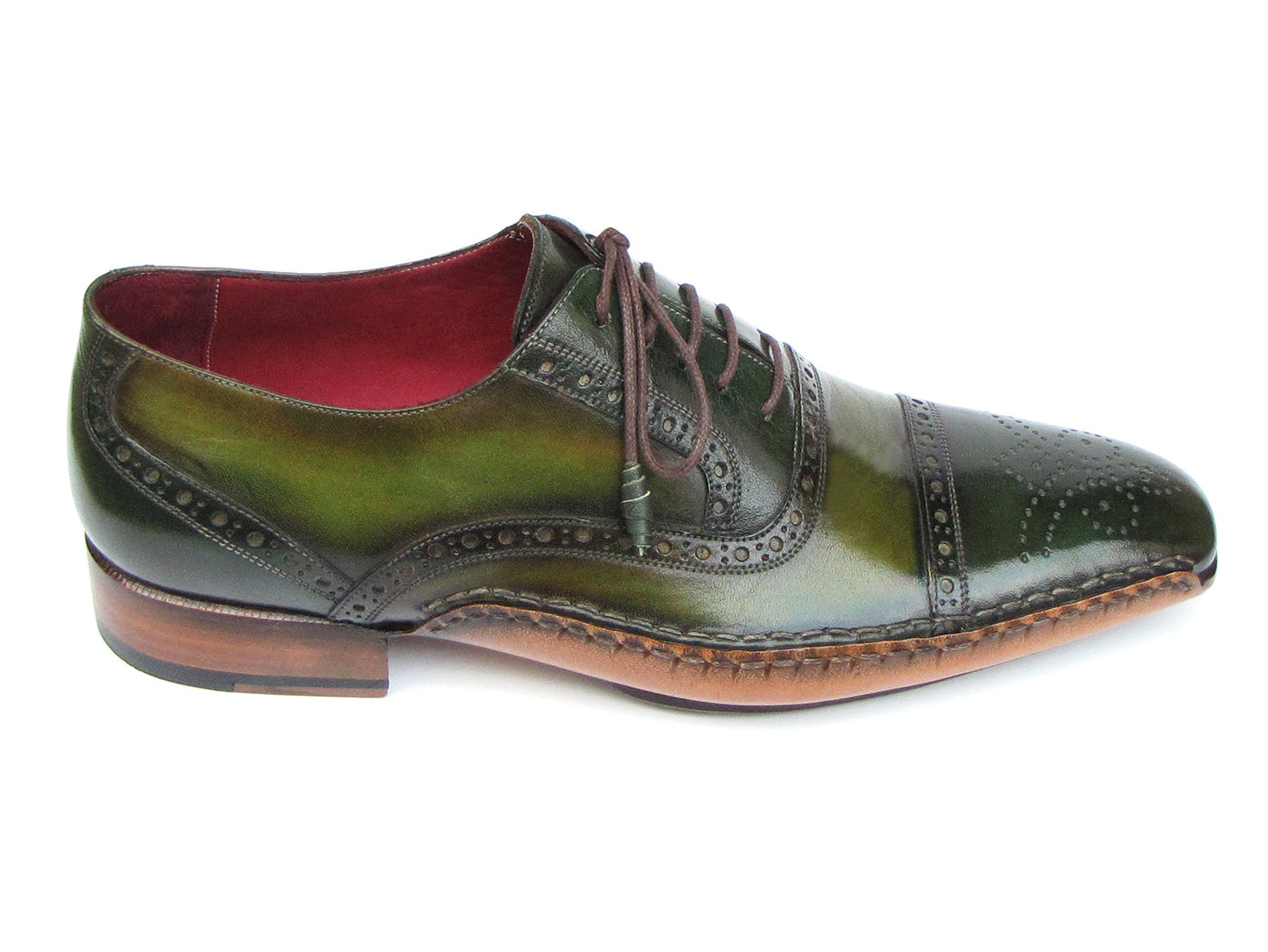 Paul Parkman Side Handsewn Captoe Oxfords Green - 5032-GREEN: men's hand-painted green and brown leather brogue oxfords with captoe, brogue detailing, brown laces, red interiors; shown from top and side views.