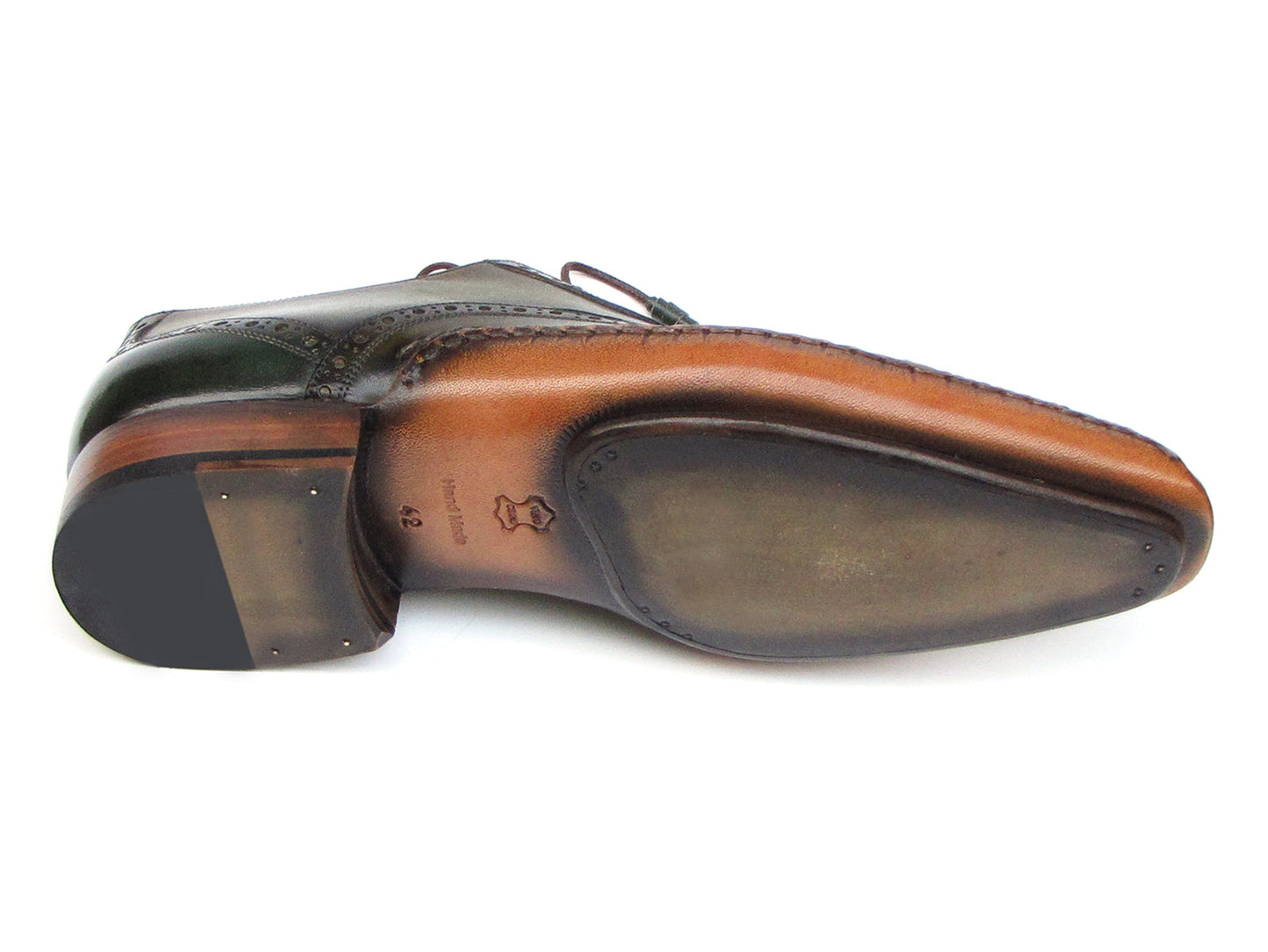 Paul Parkman Side Handsewn Captoe Oxfords Green - 5032-GREEN: men's hand-painted green and brown leather brogue oxfords with captoe, brogue detailing, brown laces, red interiors; shown from top and side views.