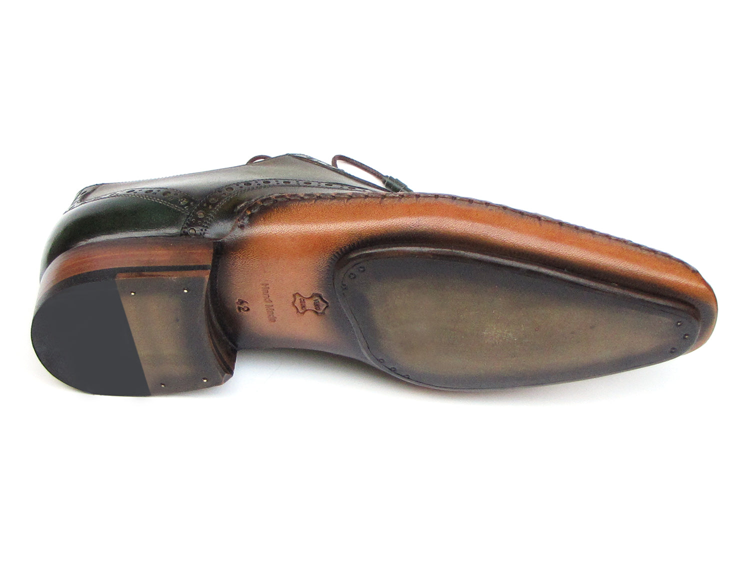 Paul Parkman Side Handsewn Captoe Oxfords Green - 5032-GREEN: men's hand-painted green and brown leather brogue oxfords with captoe, brogue detailing, brown laces, red interiors; shown from top and side views.