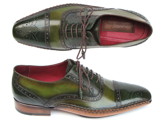Paul Parkman Side Handsewn Captoe Oxfords Green - 5032-GREEN: men's hand-painted green and brown leather brogue oxfords with captoe, brogue detailing, brown laces, red interiors; shown from top and side views.