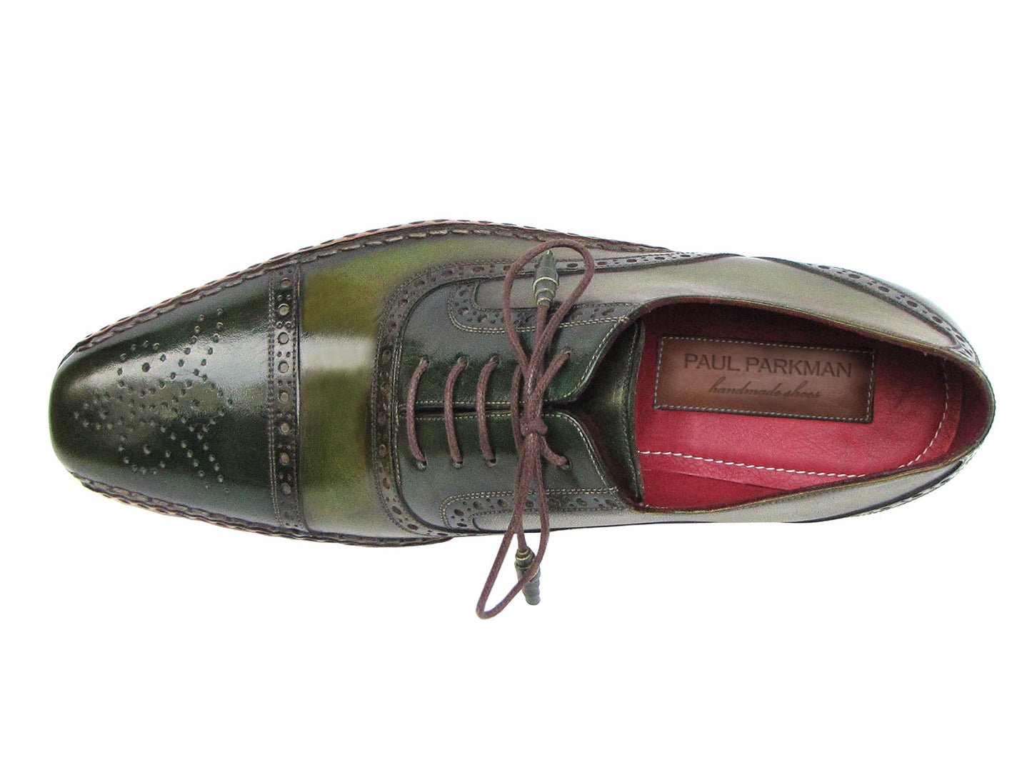 Paul Parkman Side Handsewn Captoe Oxfords Green - 5032-GREEN: men's hand-painted green and brown leather brogue oxfords with captoe, brogue detailing, brown laces, red interiors; shown from top and side views.