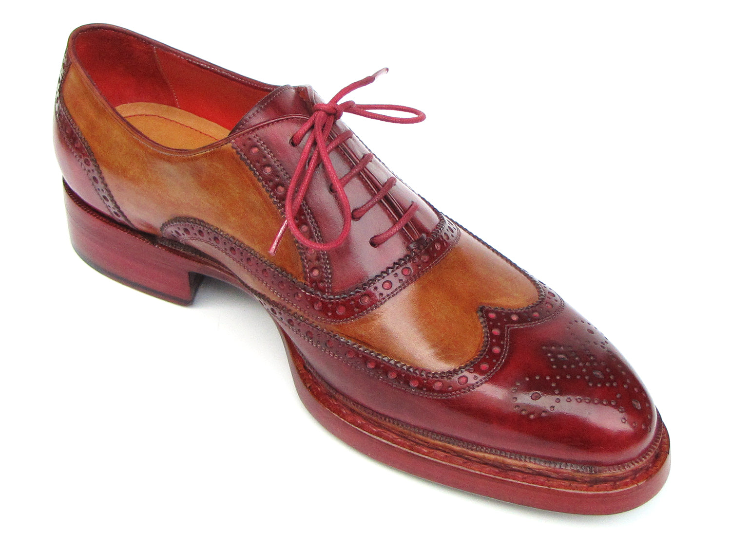 The Paul Parkman Triple Leather Sole Wingtip Brogues in Bordeaux & Camel (027-TRP-CMLBRD) are men's brogues with hand-painted leather, brogue detailing, and red laces, shown from side and top views.